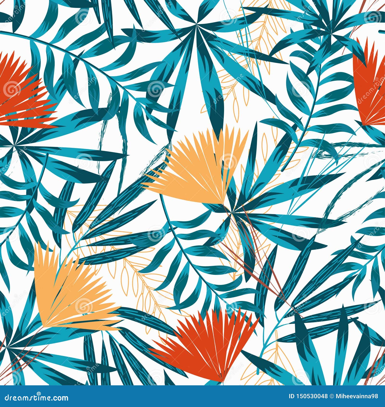 summer trend seamless pattern with bright tropical leaves, plants and flowers on white background.  . jung print. flor