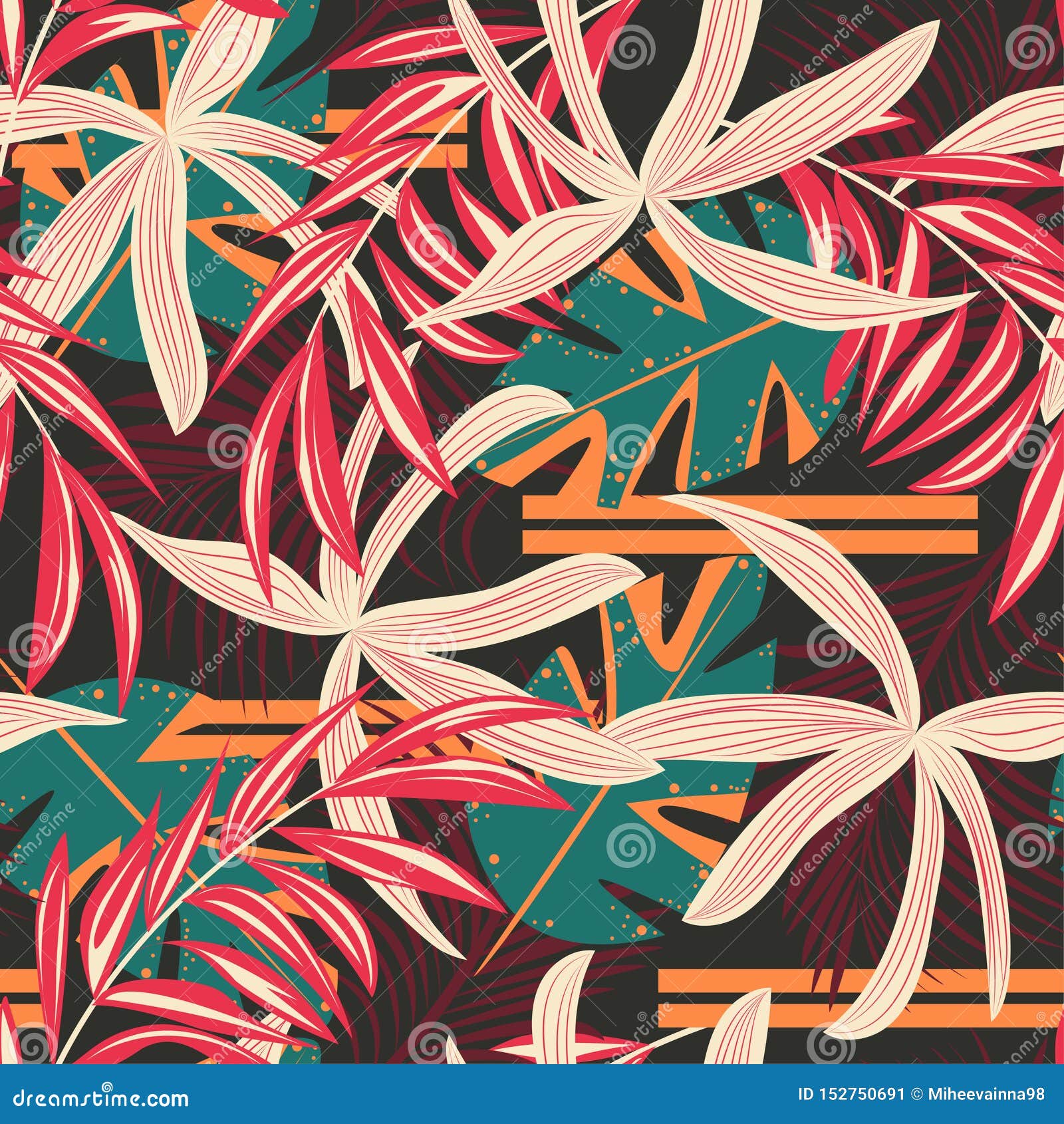 Abstract Trend Seamless Pattern With Bright Tropical Leaves And Plants abstract-trend-seamless-pattern-with-bright-tropical-leaves-and-plants