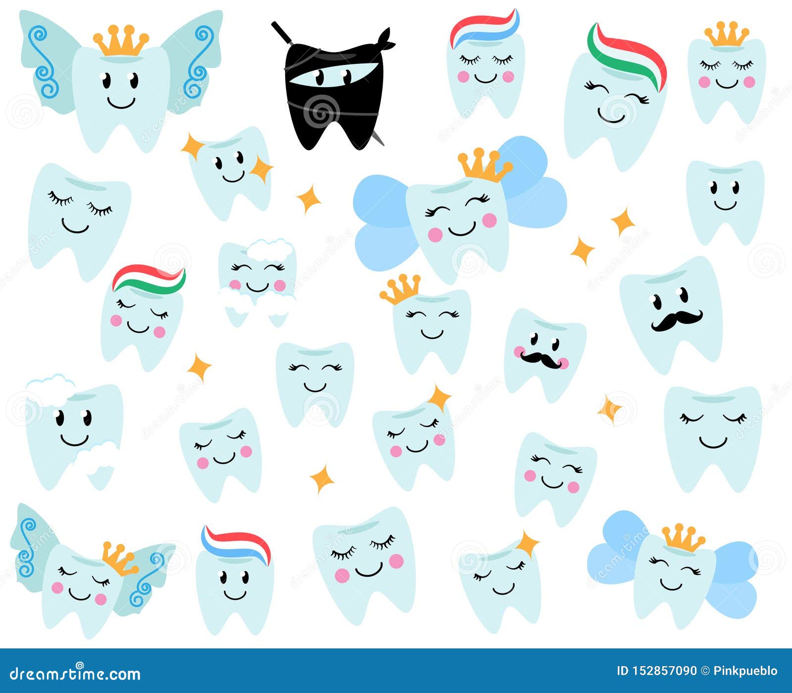 Tooth Fairies With Crowns And Wings. Girl Teeth And Boy Teet. Flat