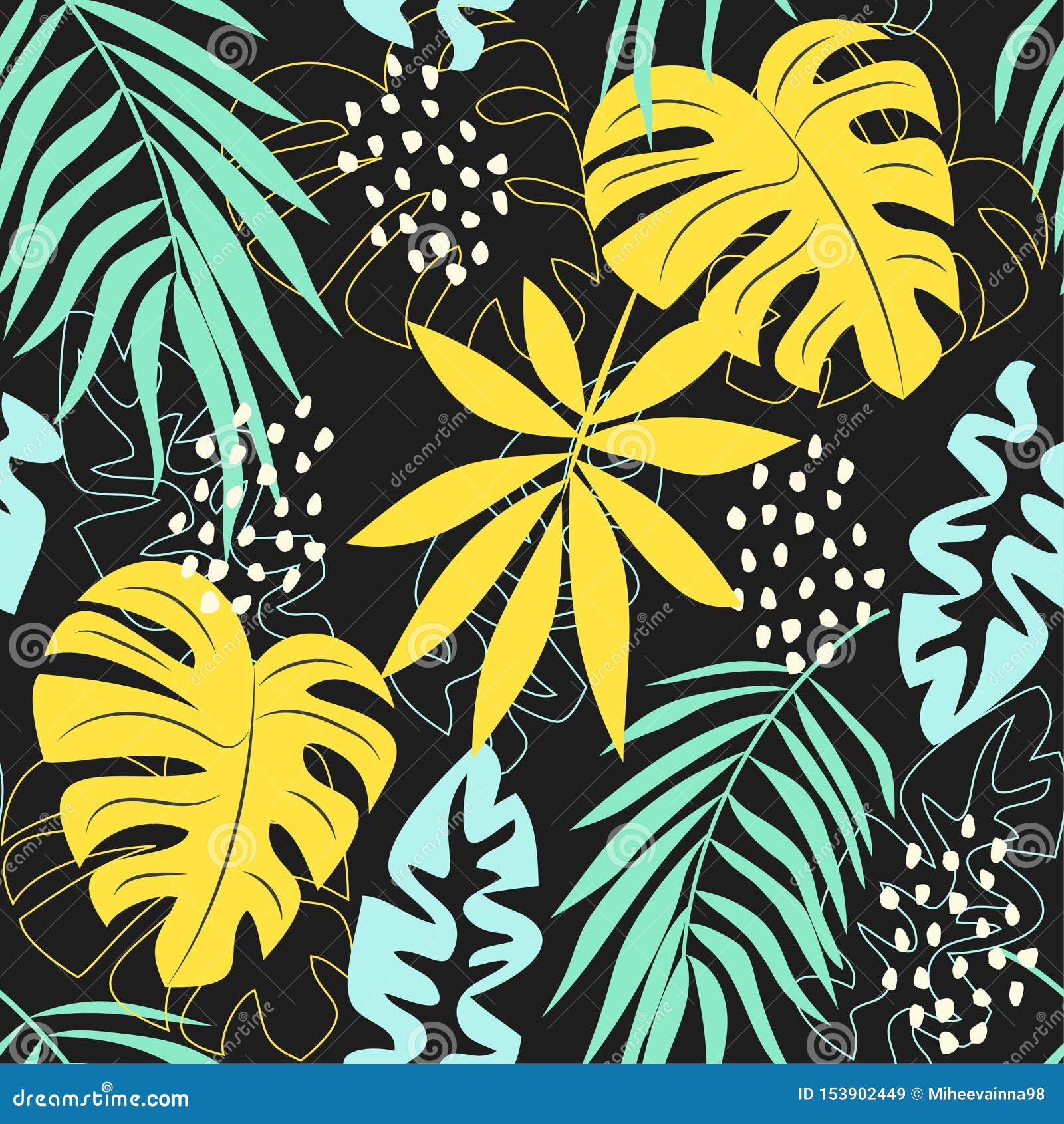 Summer abstract trend seamless pattern with bright tropical leaves and plants. Vector design. Jungle print. Floral background. Printing and textiles. Exotic tropics. Summer design.