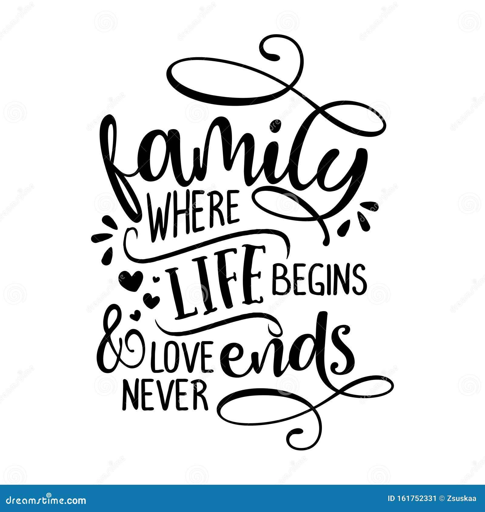 Family Where Life Begins and Love Never Ends - Funny Hand Drawn Calligraphy  Text. Stock Vector - Illustration of inspire, home: 161752331