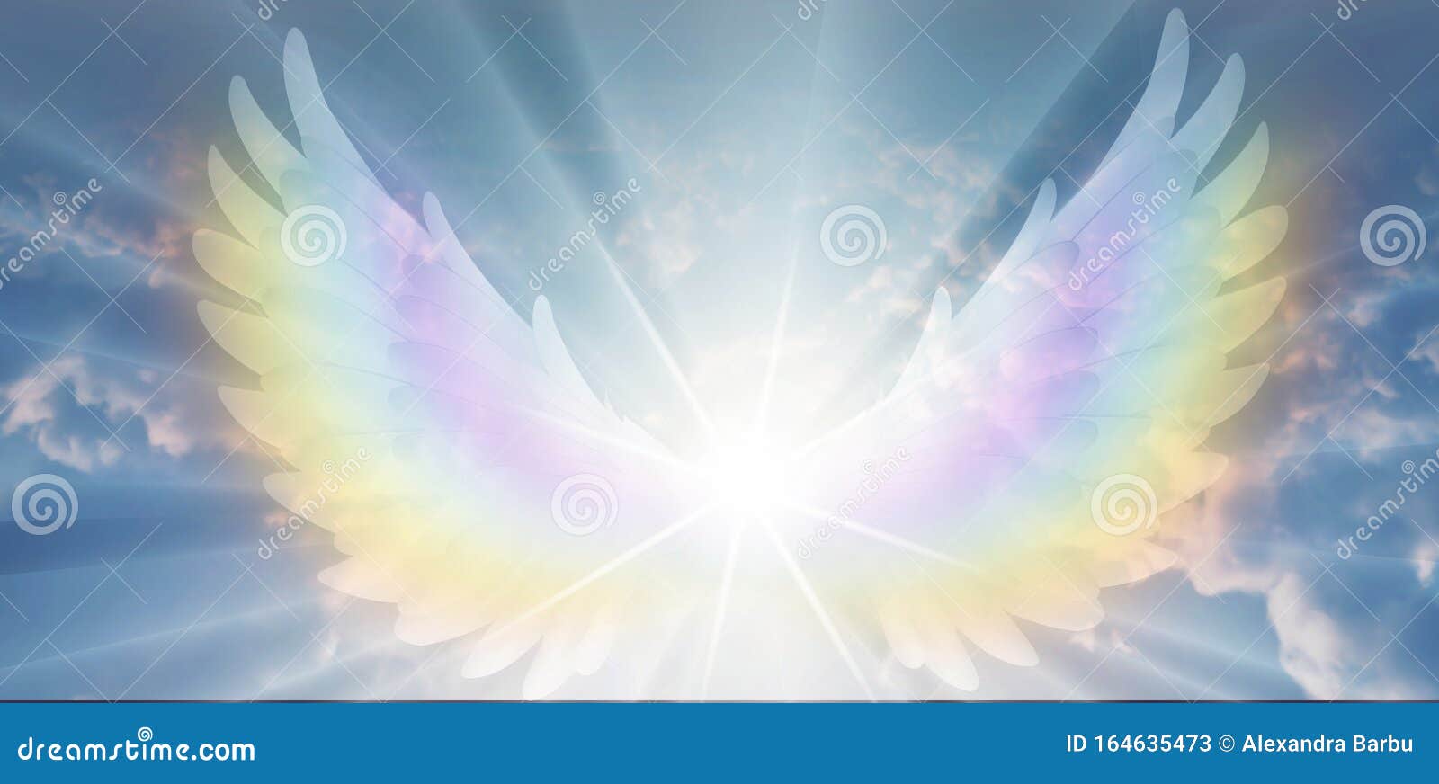 spiritual guidance, angel of light and love doing a miracle on sky, rainbow angelic wings