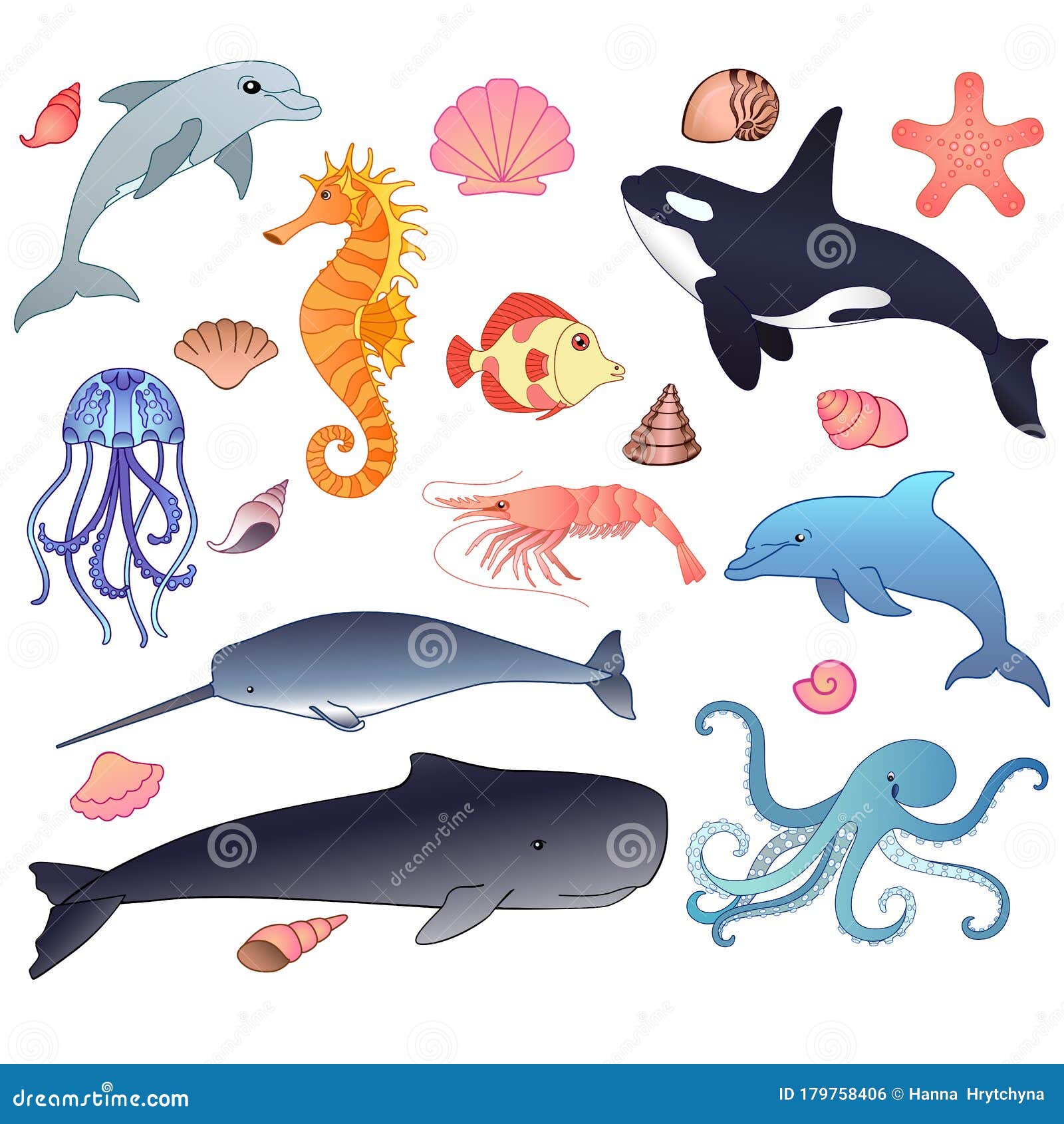 Animals of the Underwater World. Big Vector Set of Full-color Sea  Inhabitants Stock Vector - Illustration of collection, fish: 179758406