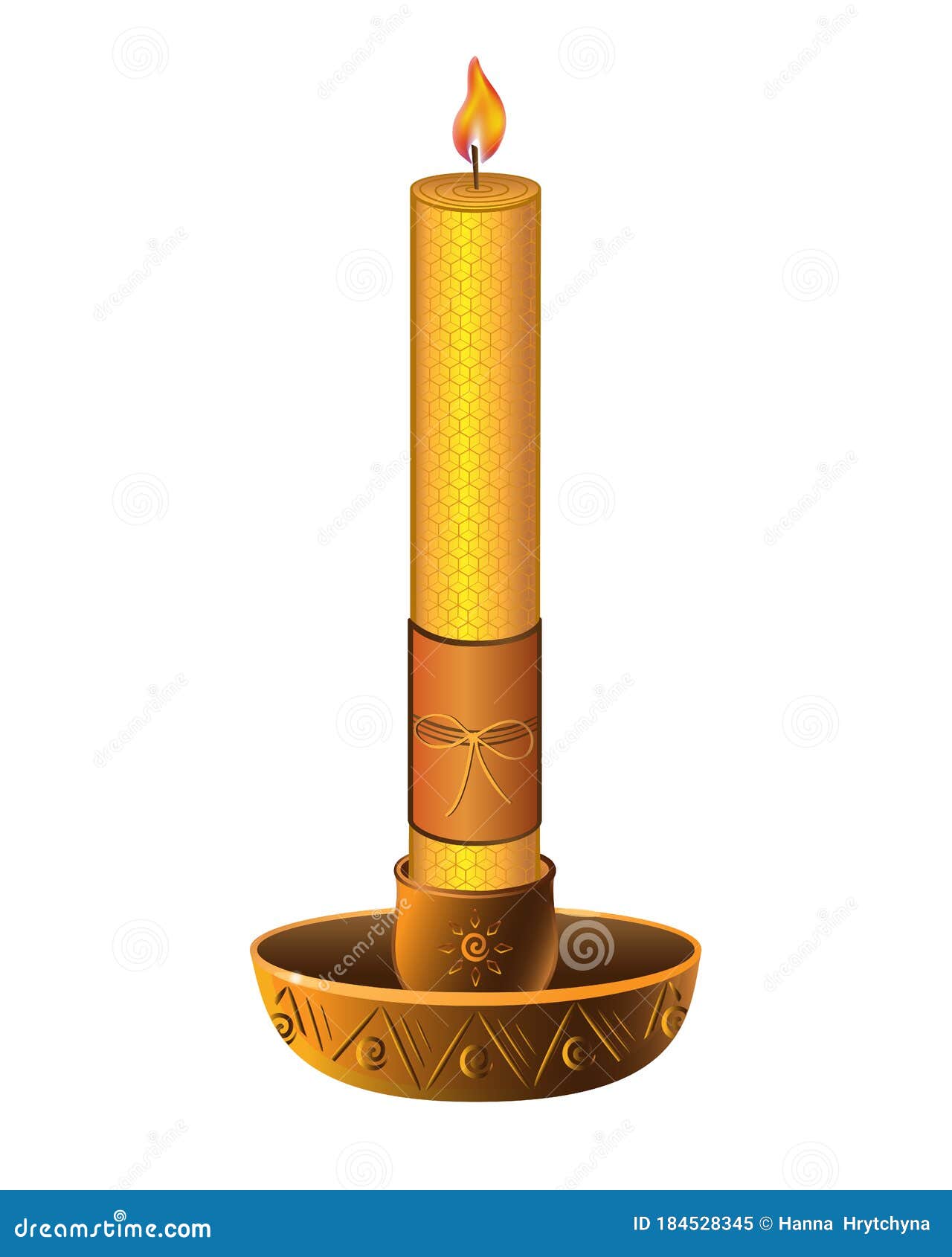 Wax Candle with Ceramic Candlestick. Wax Yellow Decorated Burning