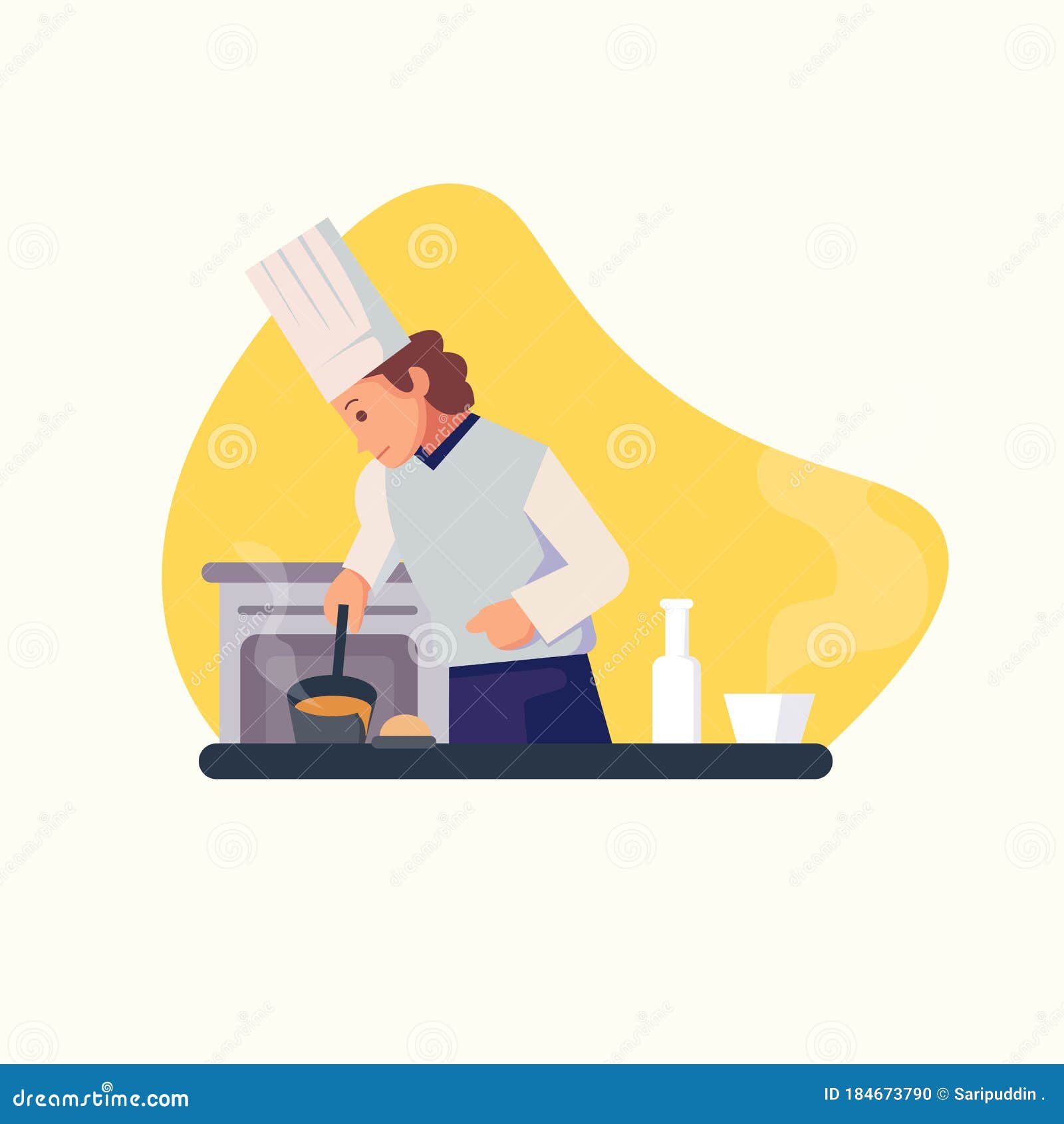 A Chef while Pouring Gravy on Food Stock Vector Illustration of