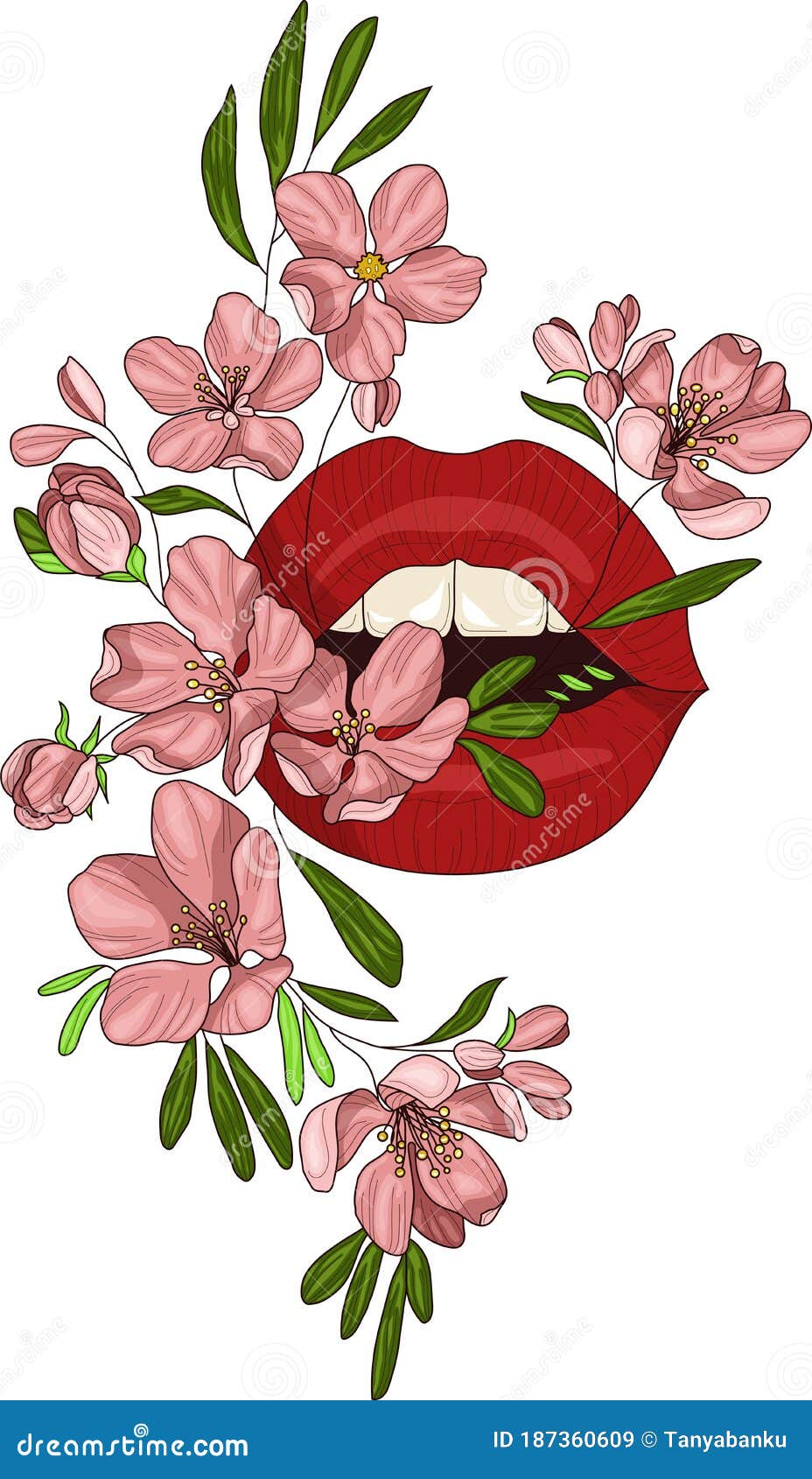 Lips and Flowers . Vector Illustration in Pastel Pink Colors Stock