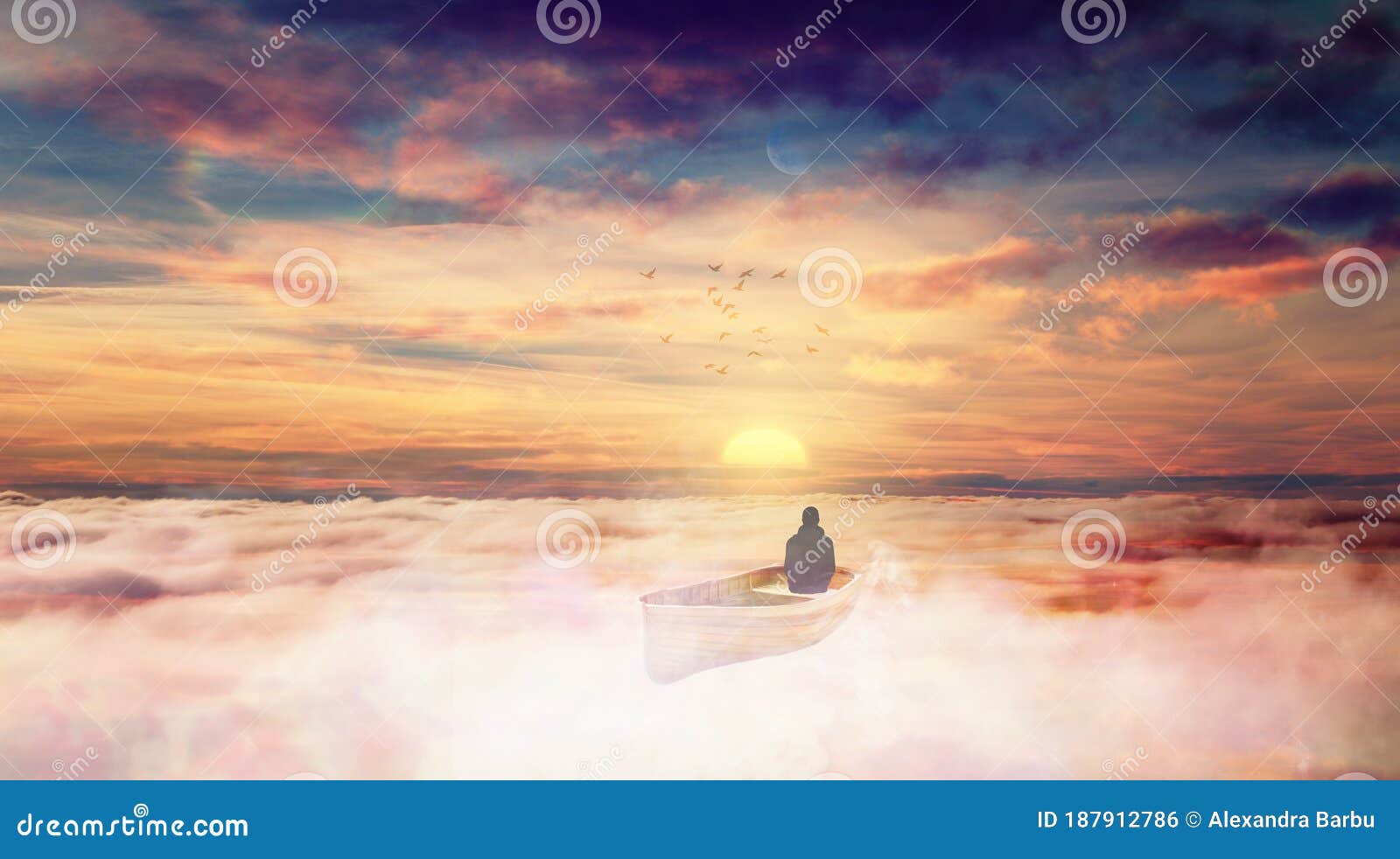 boat to heaven, above clouds, soul journey to the light, heavenly sky, path to god
