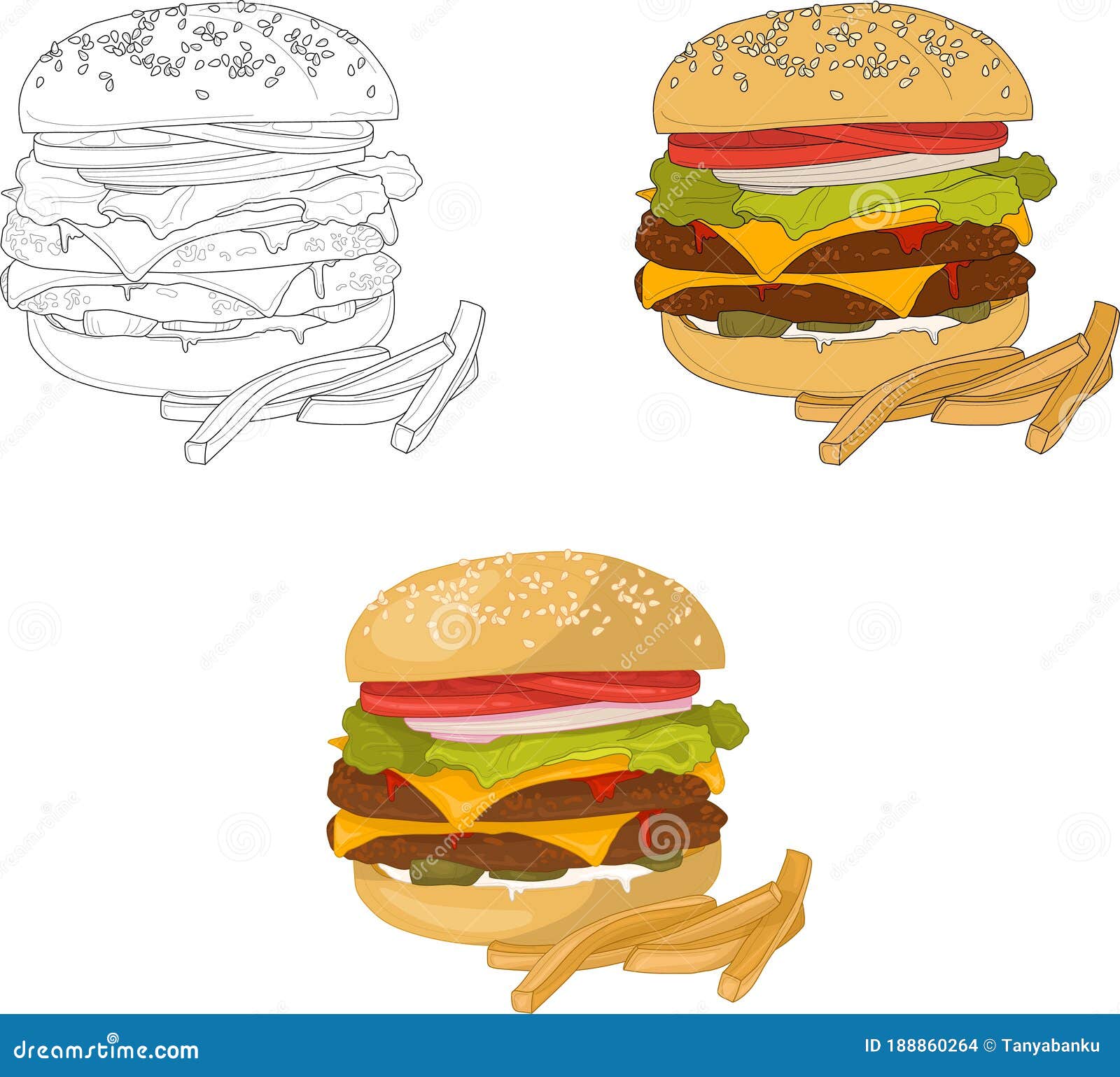Cheeseburger with Fries Sketch Three Different Ways. Vector