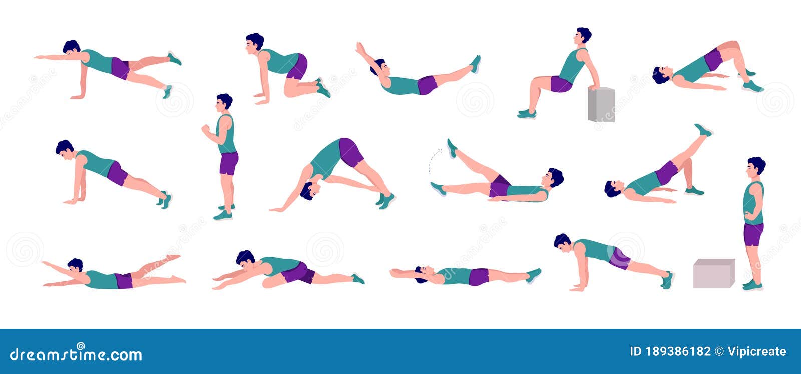 Workout Men Set. Men Doing Fitness and Yoga Exercises Stock Vector