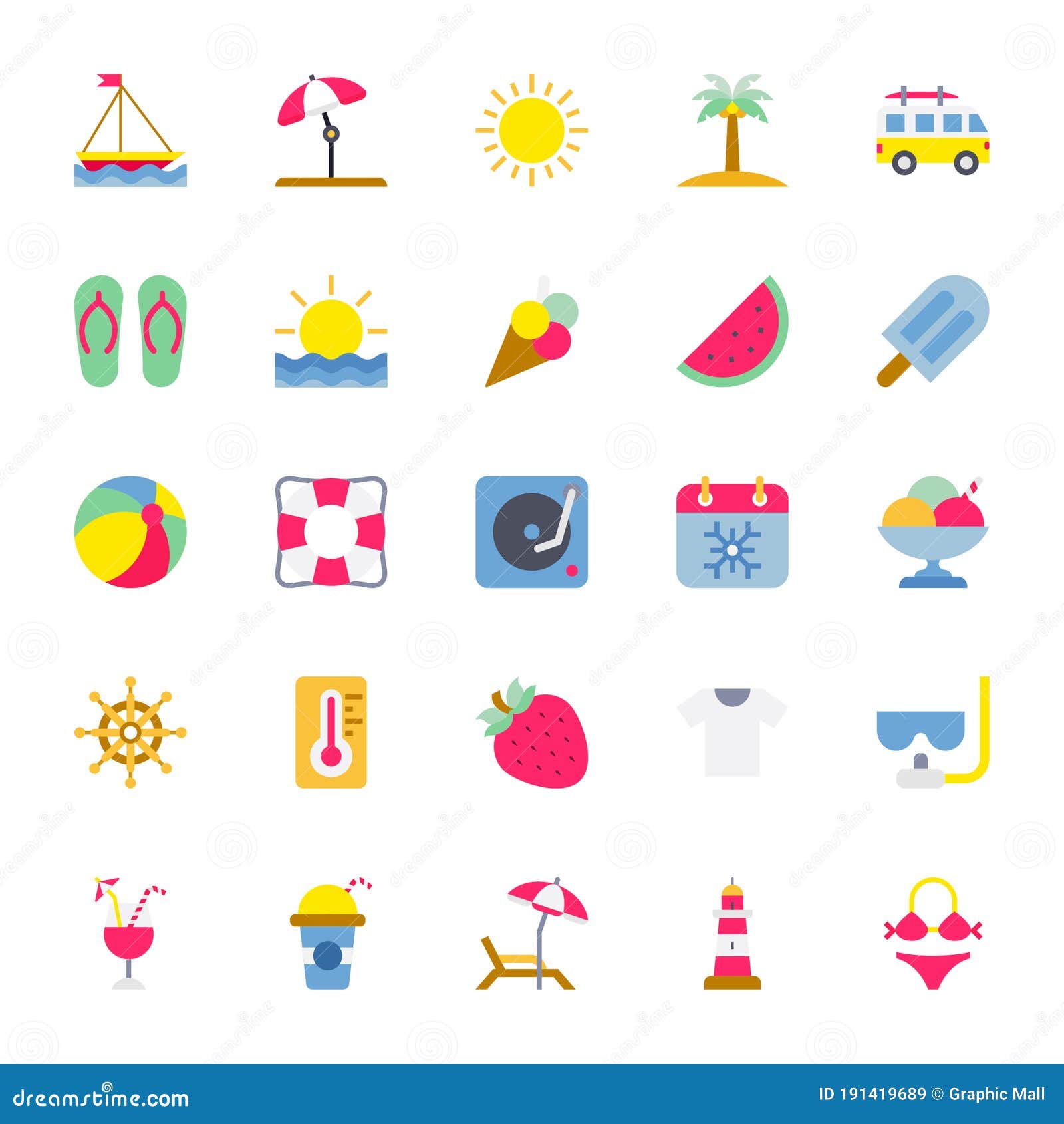 Summer - 25 icons image. stock vector. Illustration of beach - 191419689