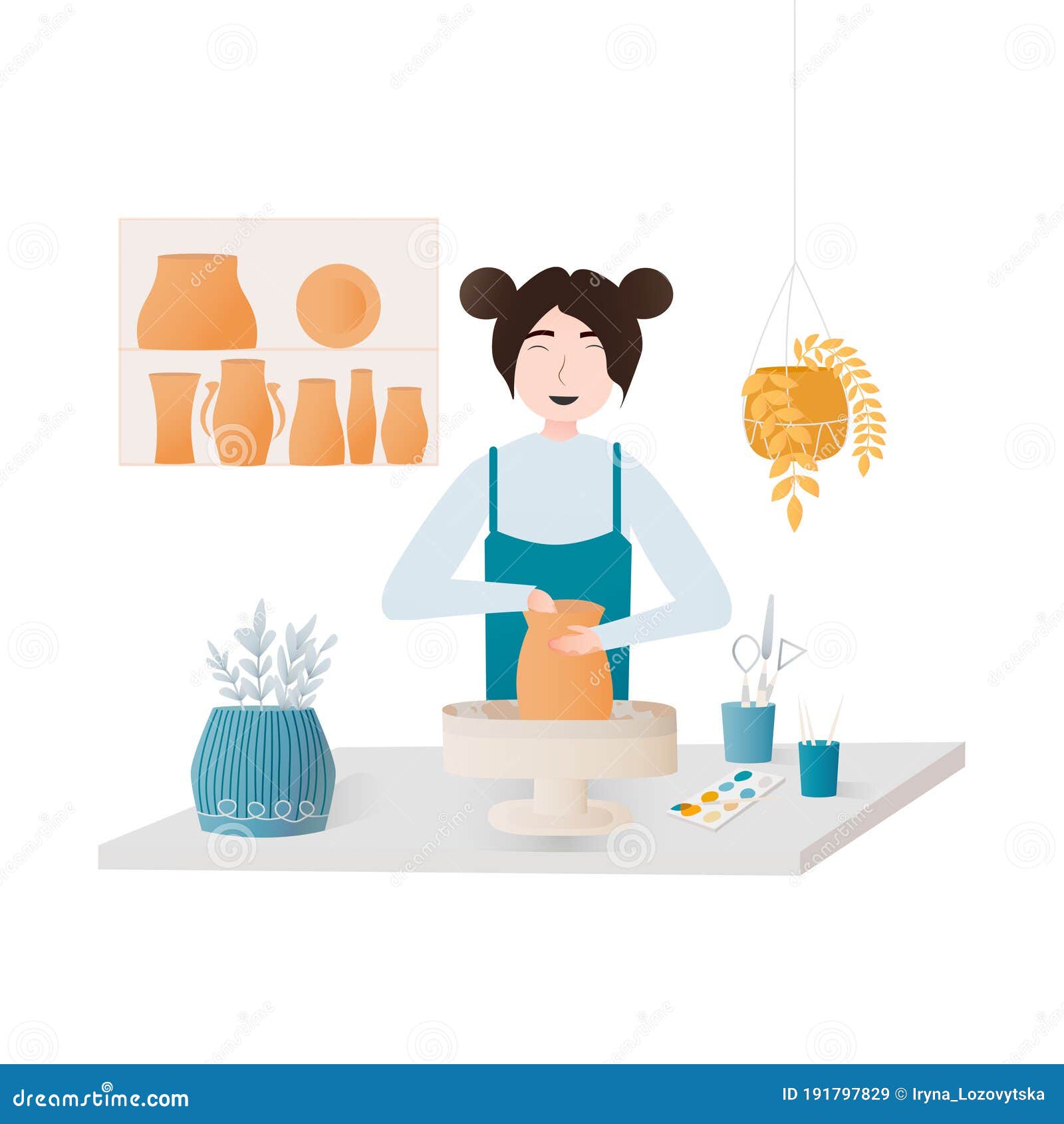 Pottery Hobby, Girl Making Clay Pot or Vase Using Wheel, Pottery Studio