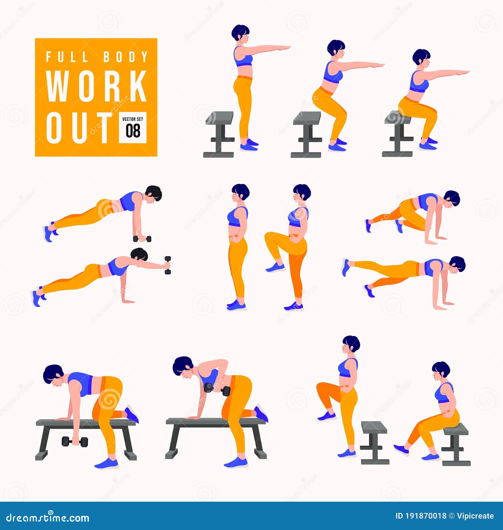 Full Body Workout Set. Women Doing Fitness and Yoga Exercises Stock Vector  - Illustration of fitness, female: 191870018