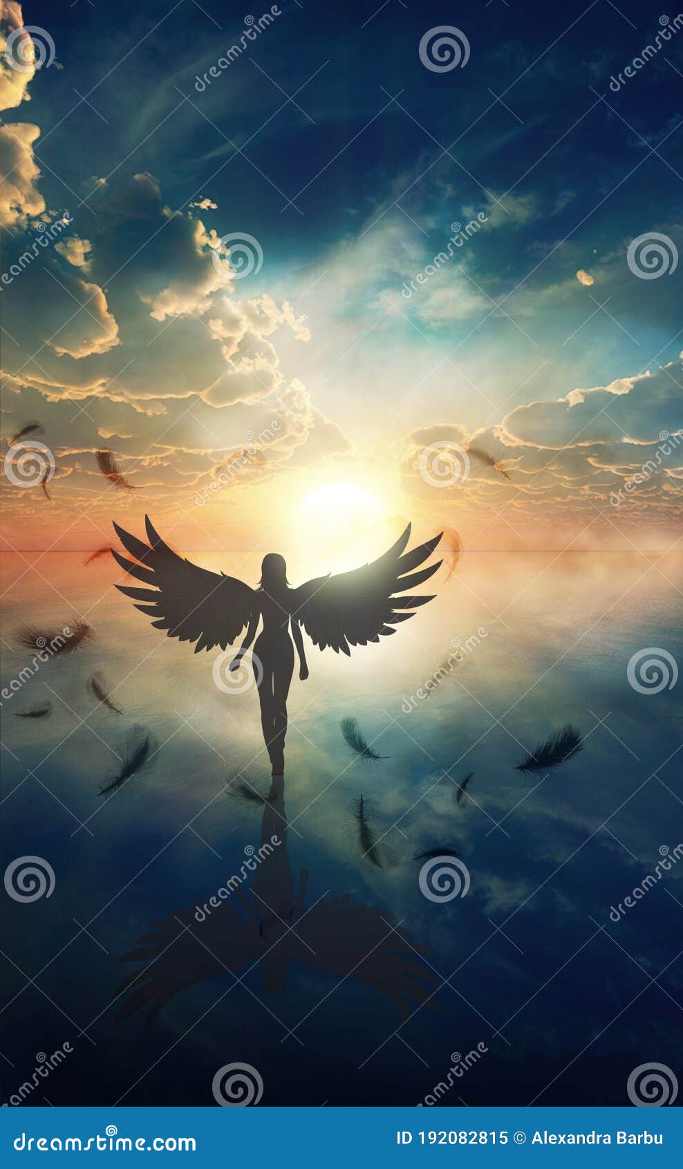 beautiful girl with angel wings walking on water at sunset, shadow work