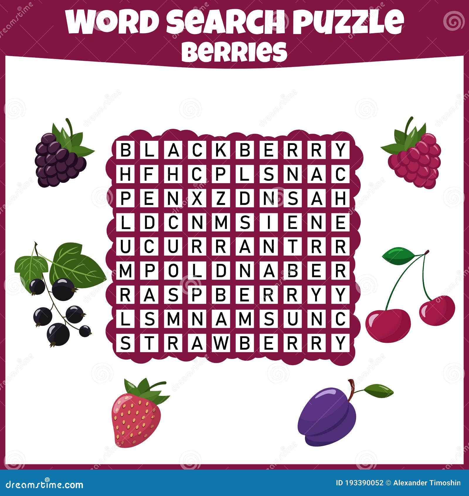 Word Search Puzzle. Crossword with Berries. Fresh Berries Stock Vector