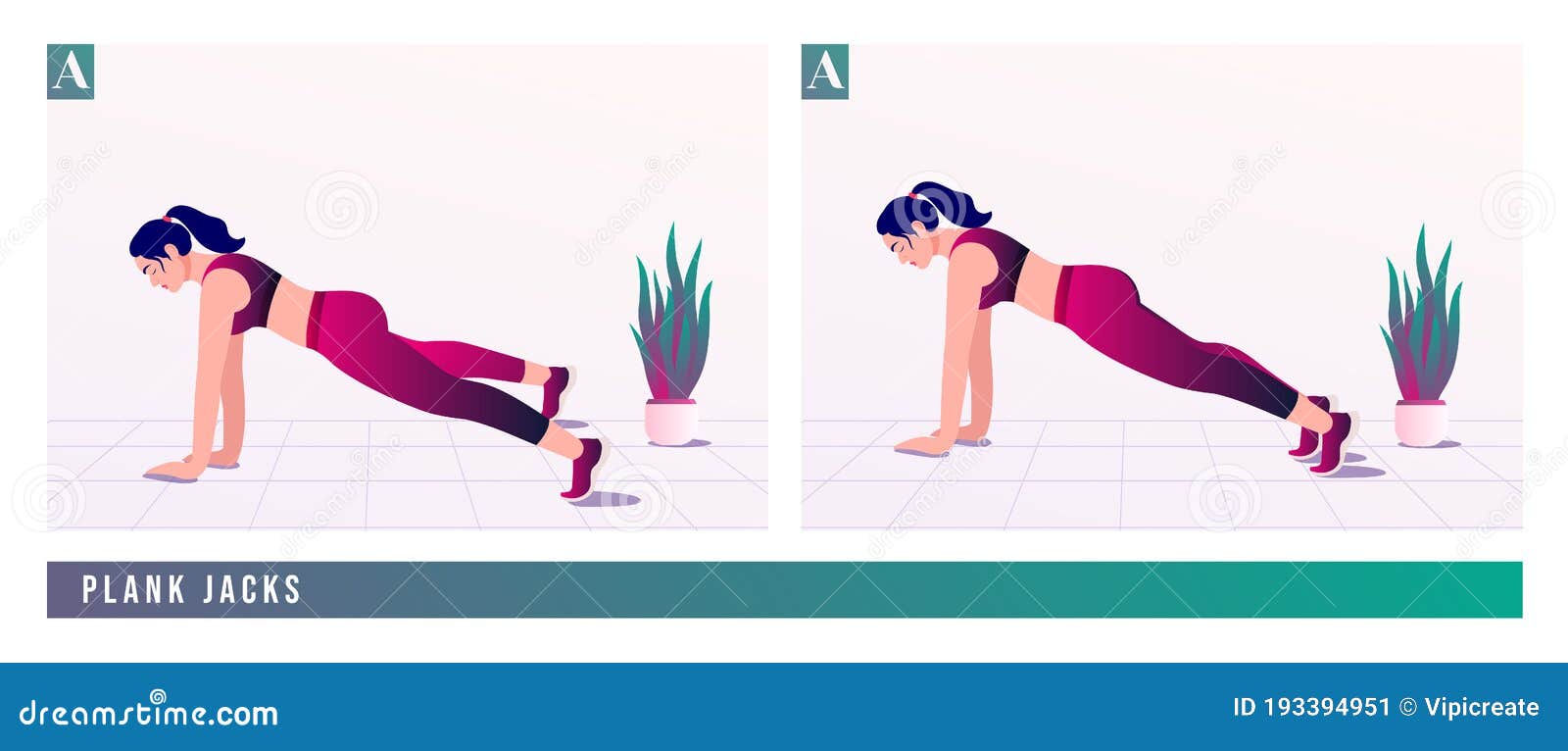 Plank Jacks Exercise, Women Workout Fitness, Aerobic and Exercises. Vector Illustration. Stock