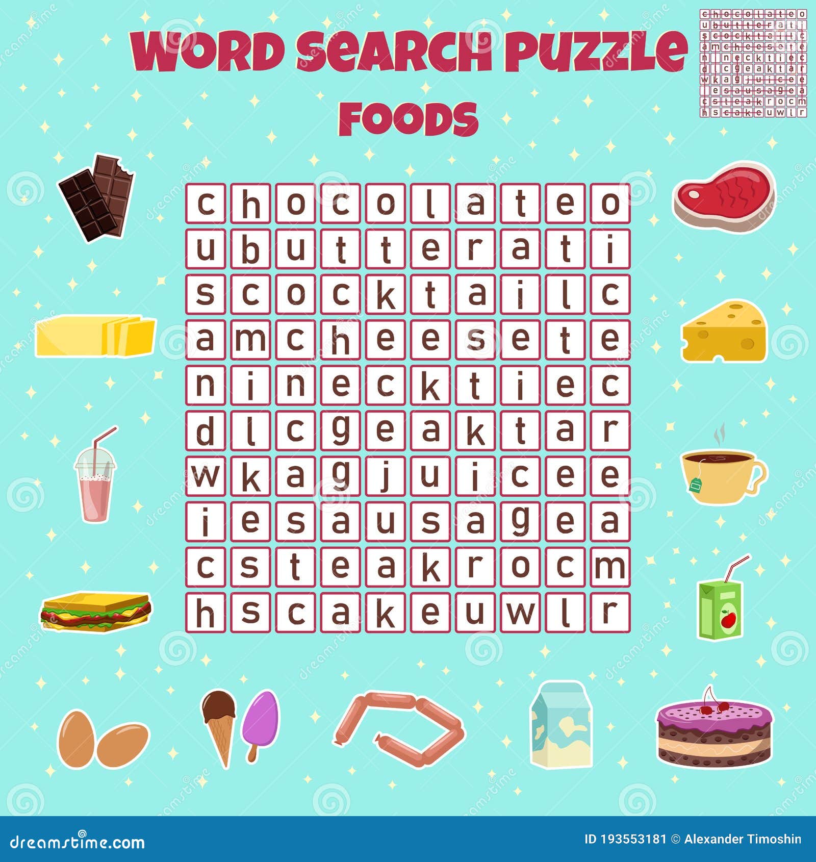 Word Search Puzzle. Crossword with Foods. Vector Education Game for