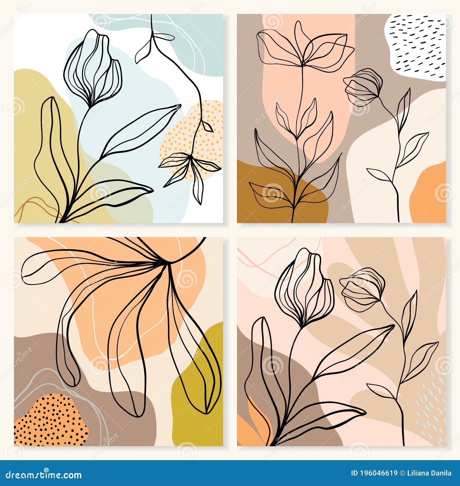 abstract line art backgrounds, posters wall art set with flowers and plants