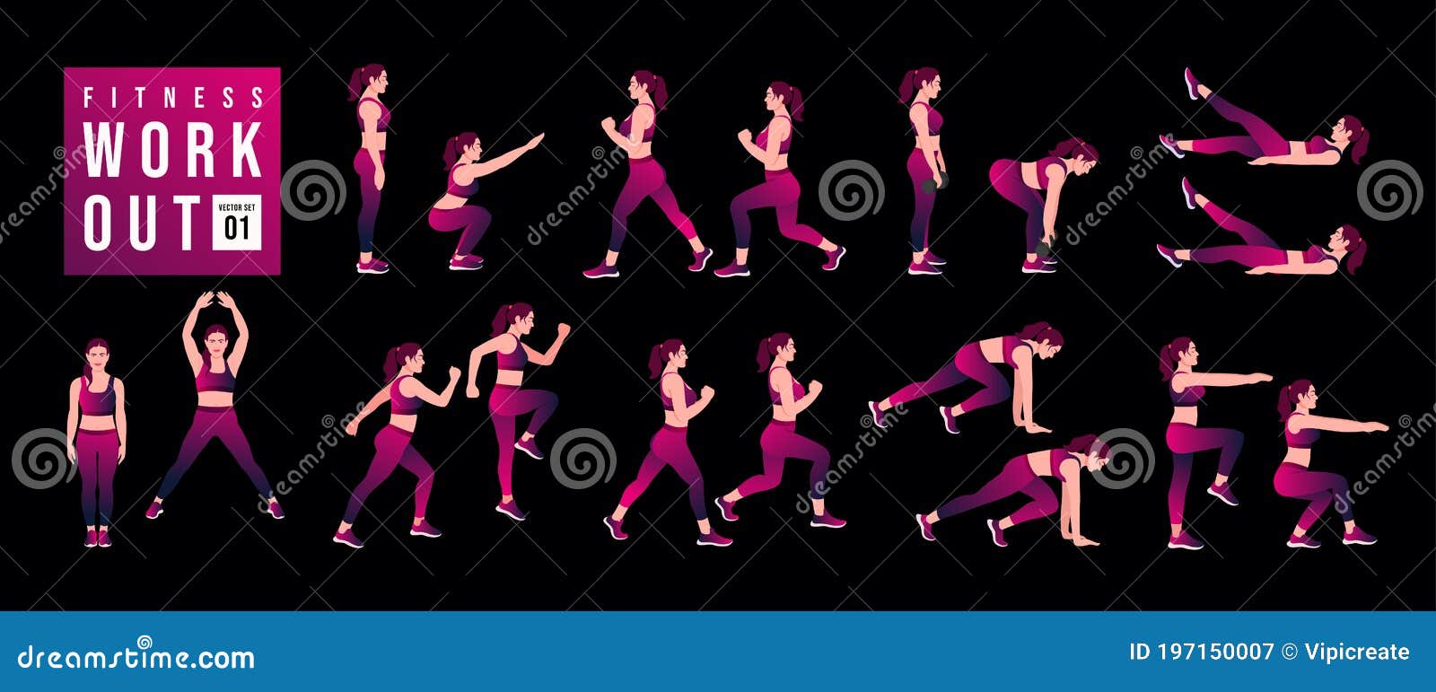 Workout girl set. Woman doing fitness and yoga exercises. Lunges