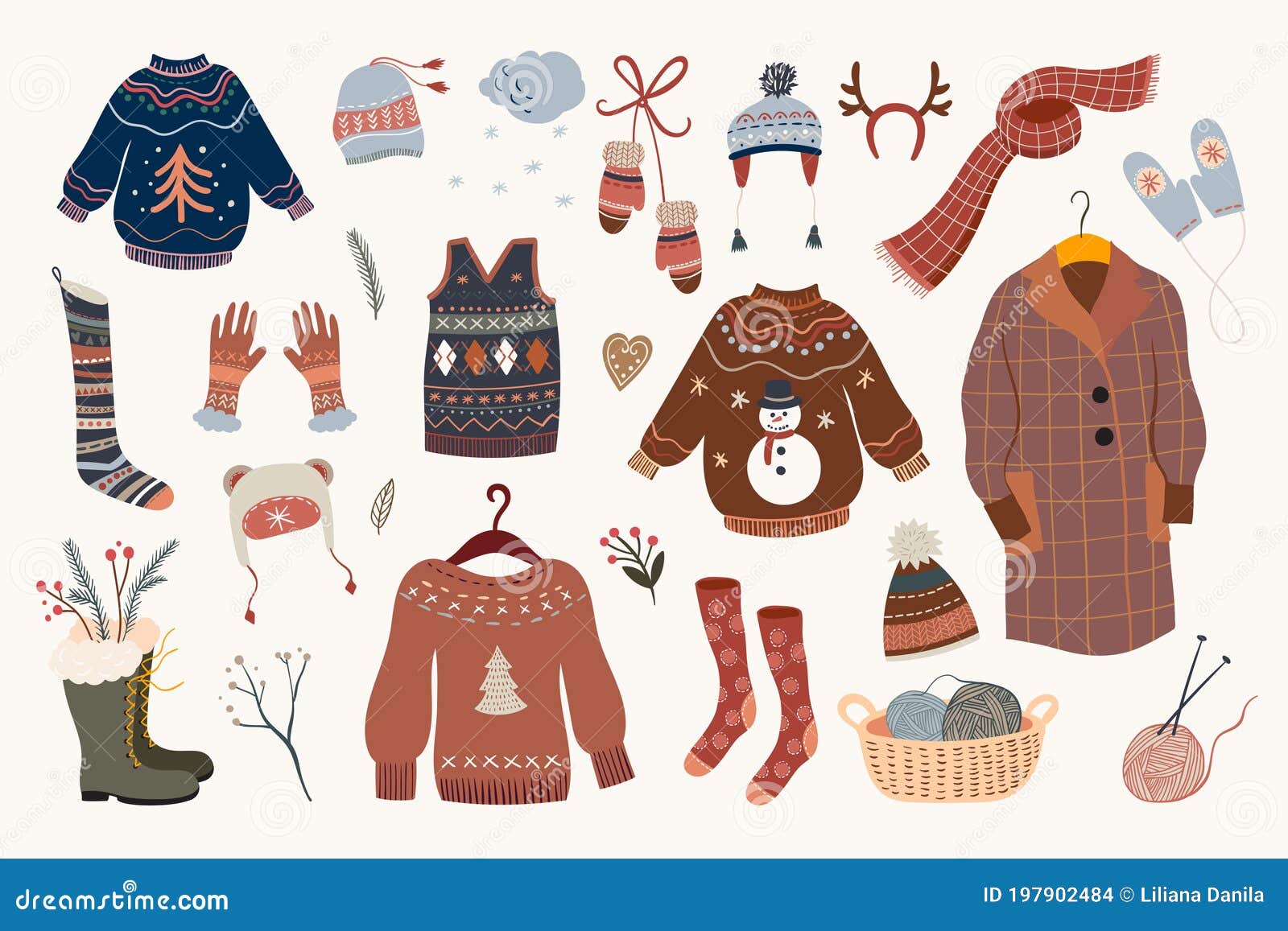 Winter Clothes Collection, Warm and Cozy Elements Set Stock Vector
