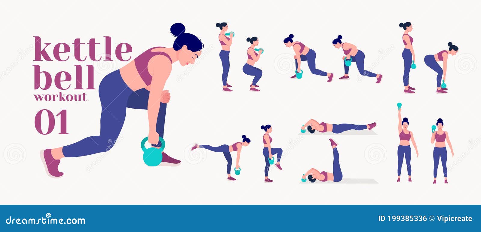 Kettlebell Workout. Women Exercise Vector Set. Women Doing Fitness and Yoga Exercises Stock Vector Illustration of athlete, people: 199385336
