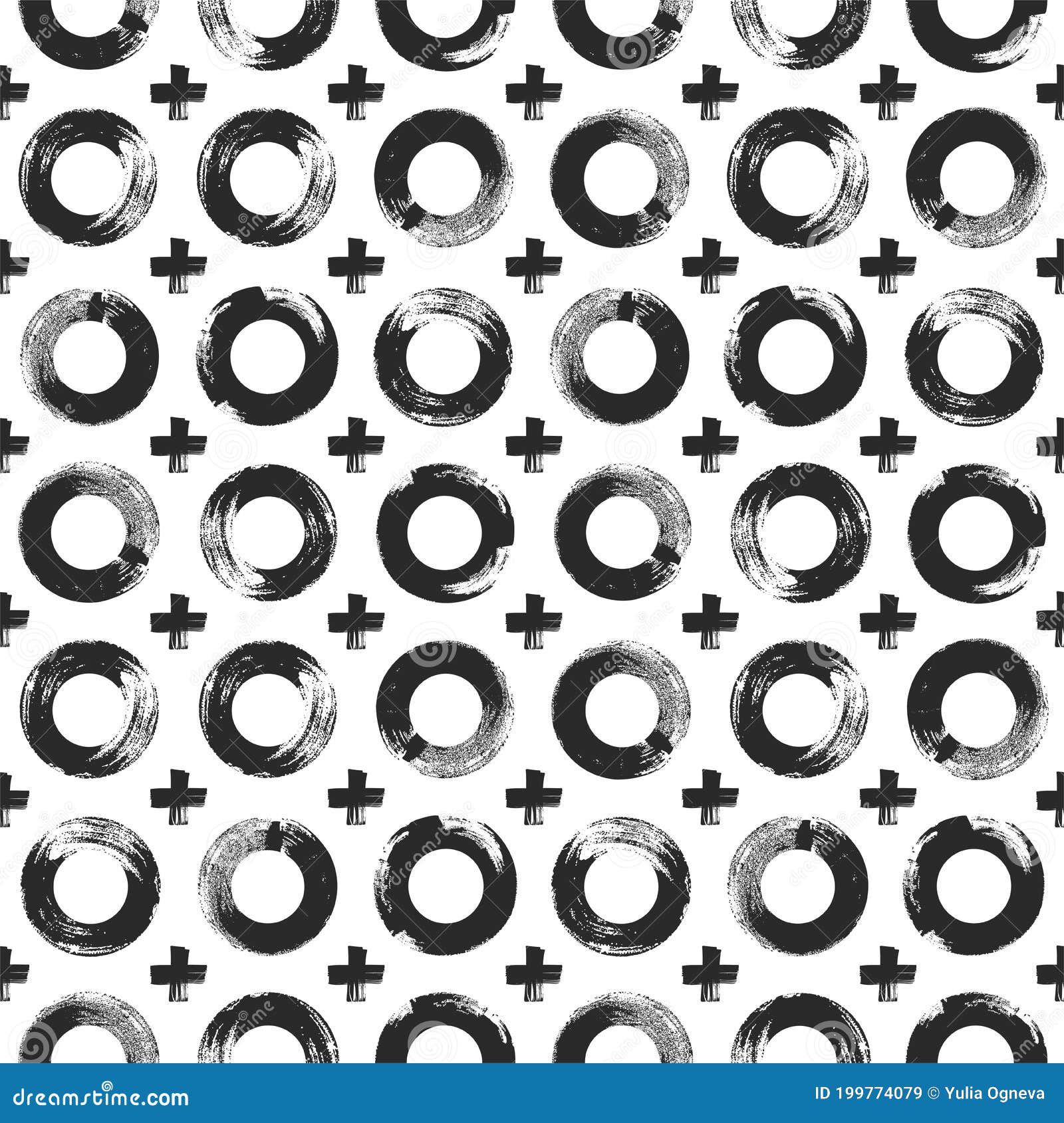 Seamless Modern Pattern With Black Hand Drawn Circles And Pluses Isolated On White Background