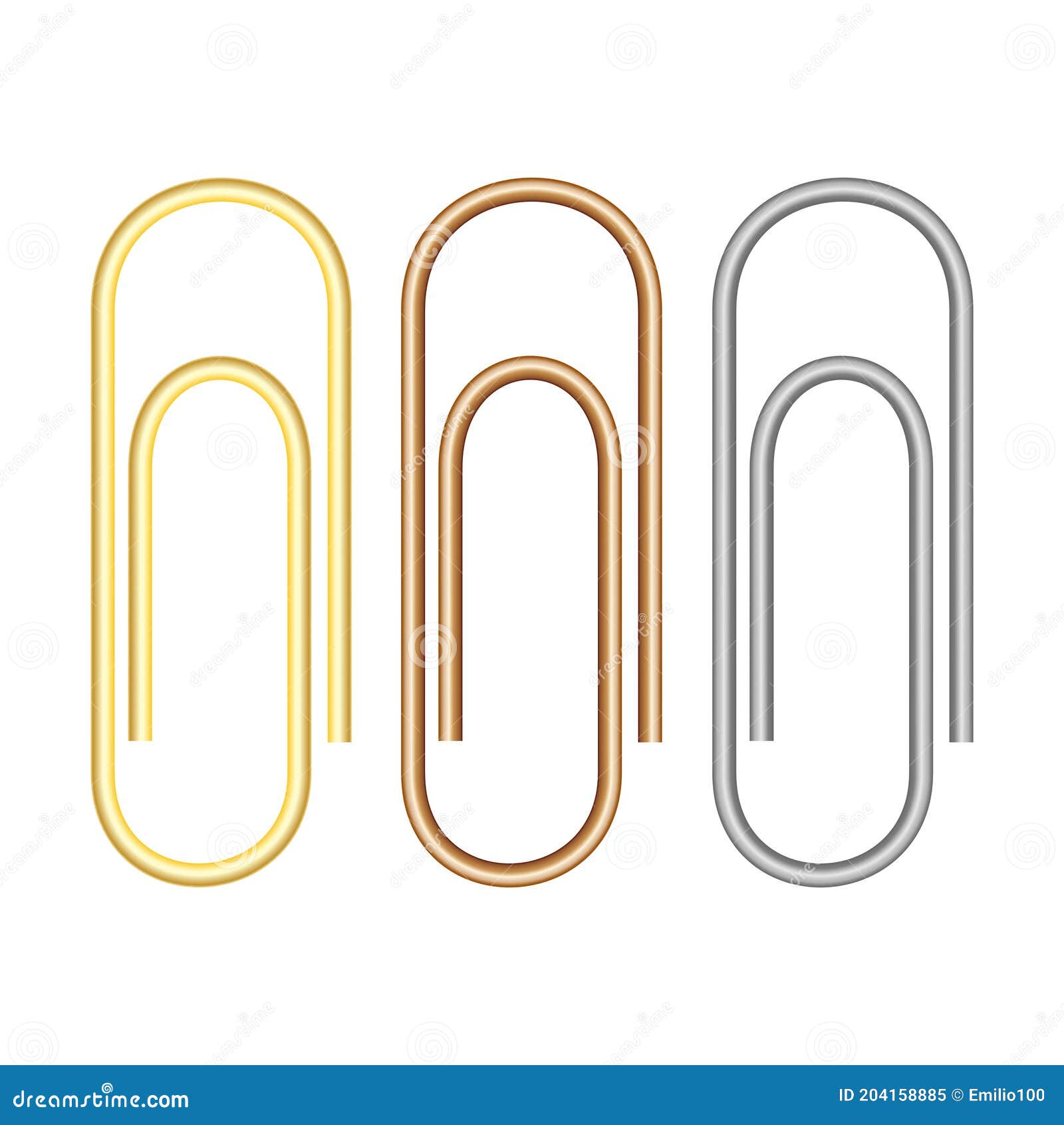 Golden, Brass and Steel Paper Clip Isolated on White, 3d Vector