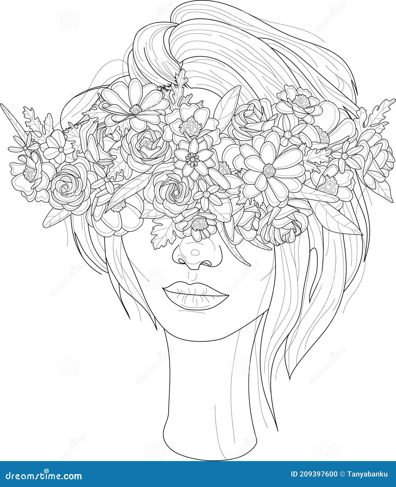 Realistic Cartoon Girl Character in Flower Crown Portrait Sketch