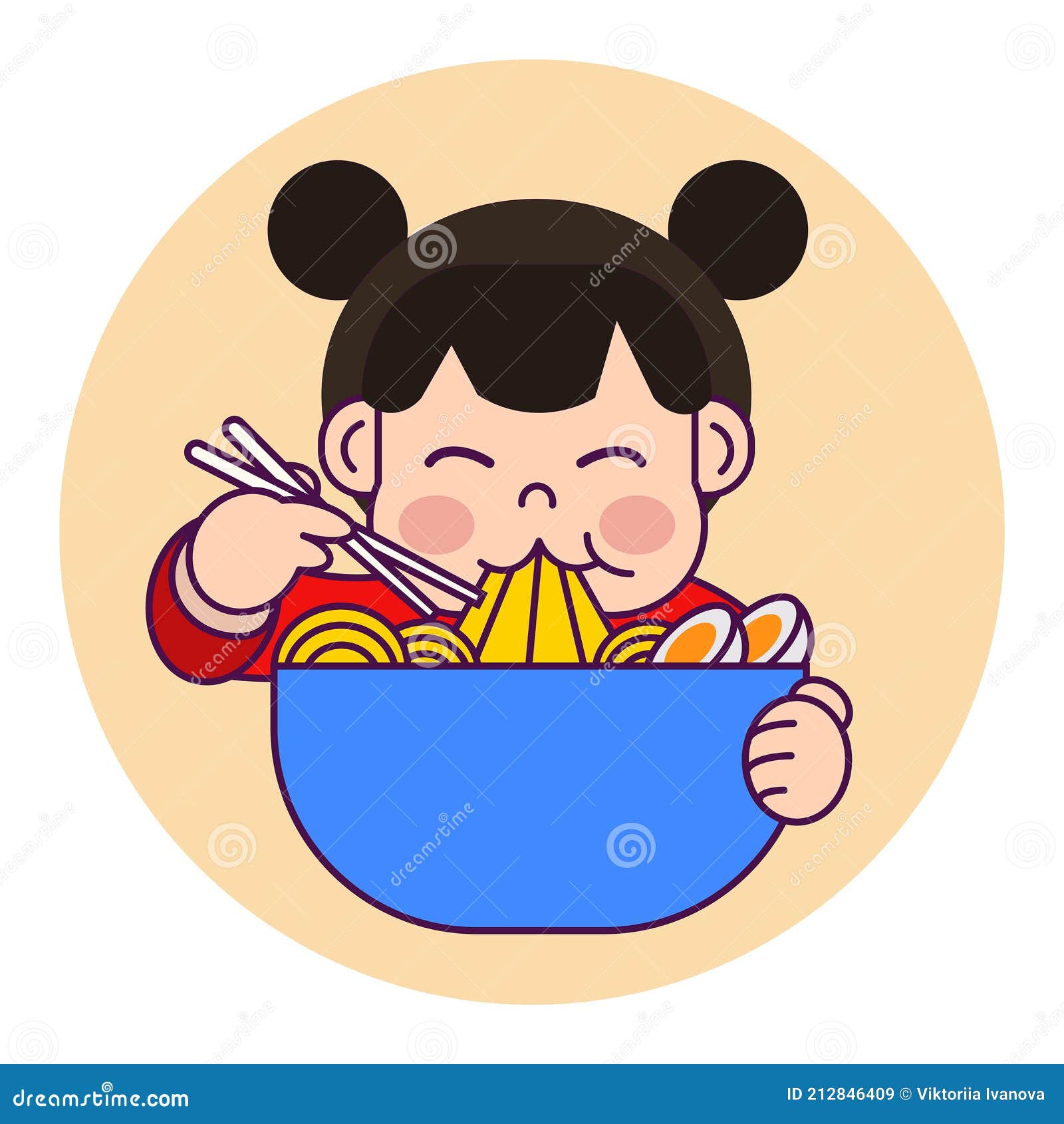 A Girl is Eating Ramen Noodles. Asian Food. Yummy Food Stock Vector