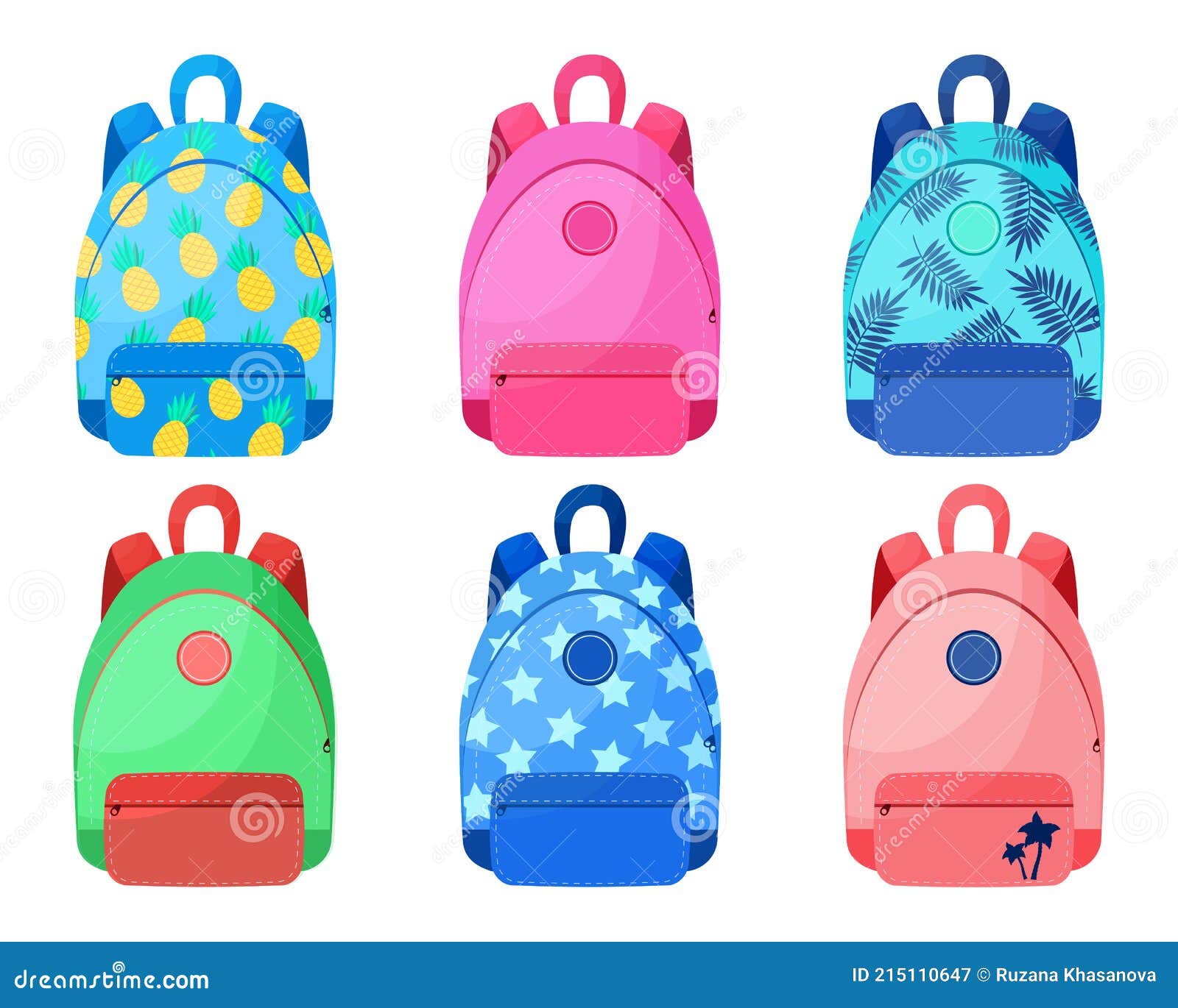 Set of School Bags in Cartoon Style. Various Colored Bags with Prints