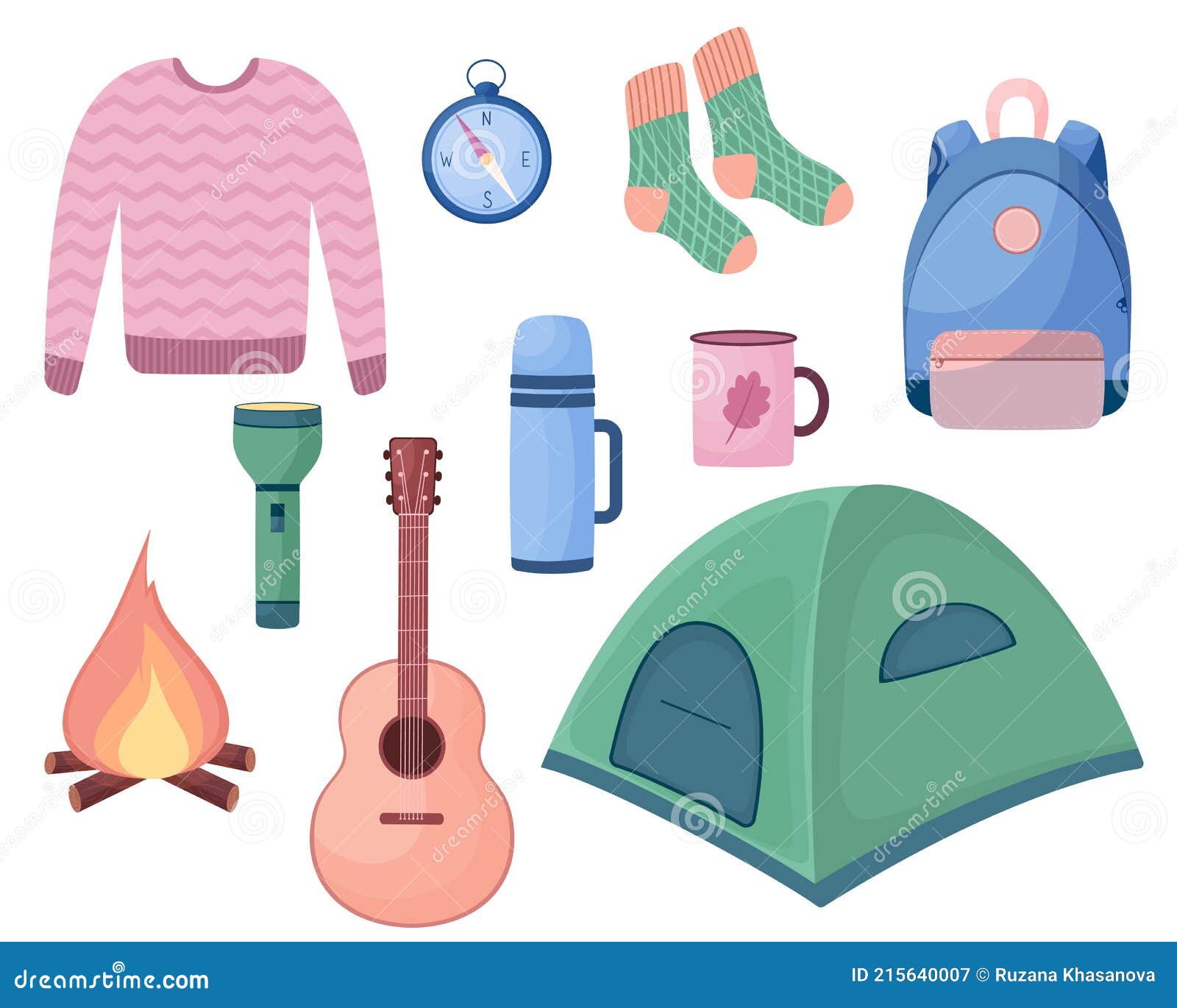 Set of Camping Items in Cartoon Style. Vintage Hiking Items Stock