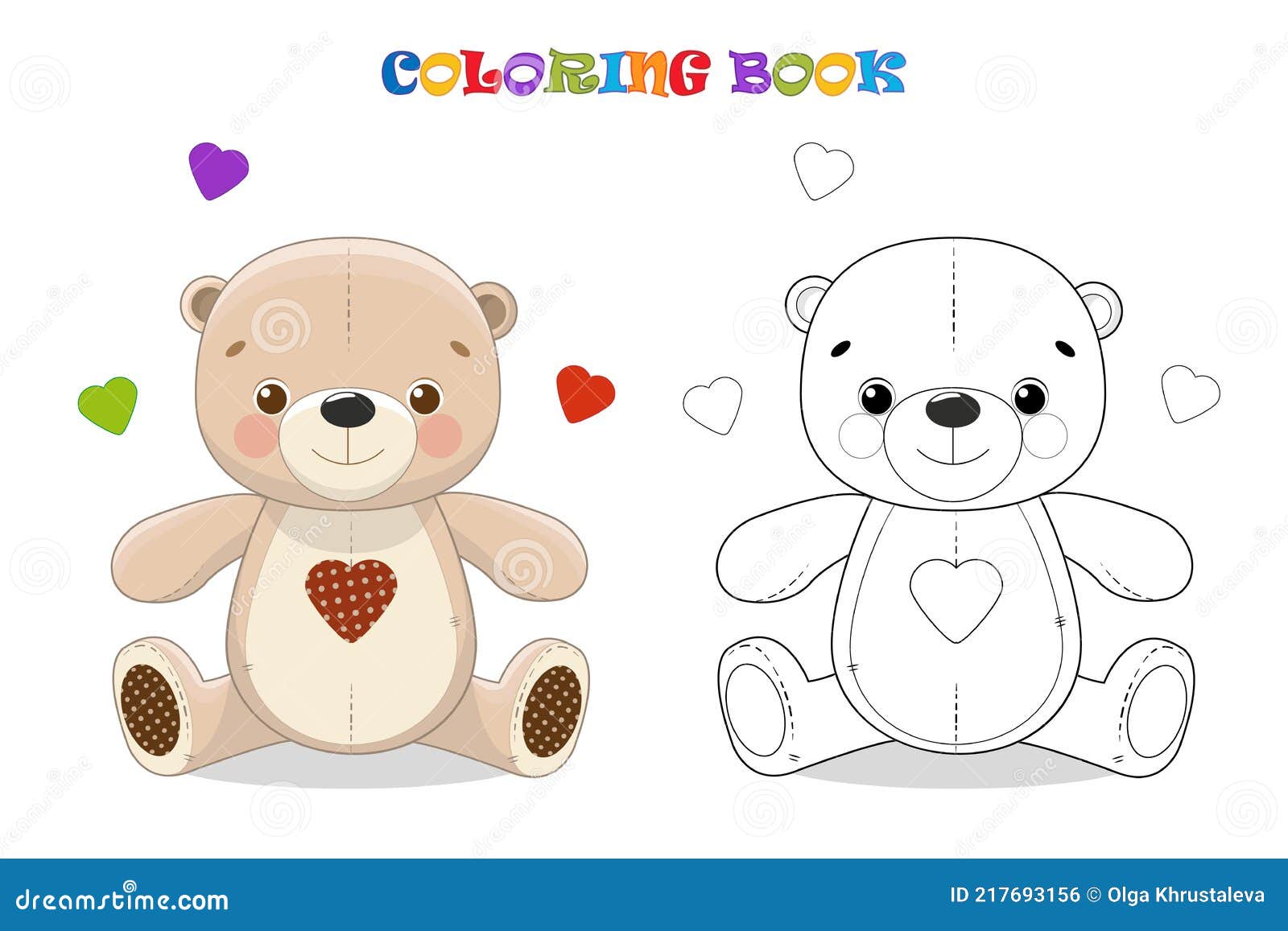 Cartoon Teddy Bear with Hearts. Coloring Page and Colorful Clipart ...