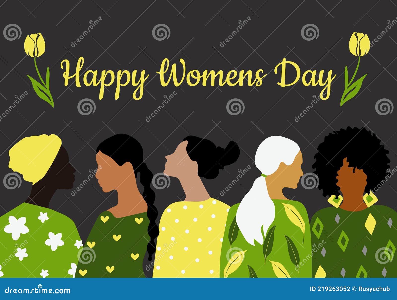 congratulatory spring card happy women`s day. postcard template in green, yellow and gray colors with women of different nationali
