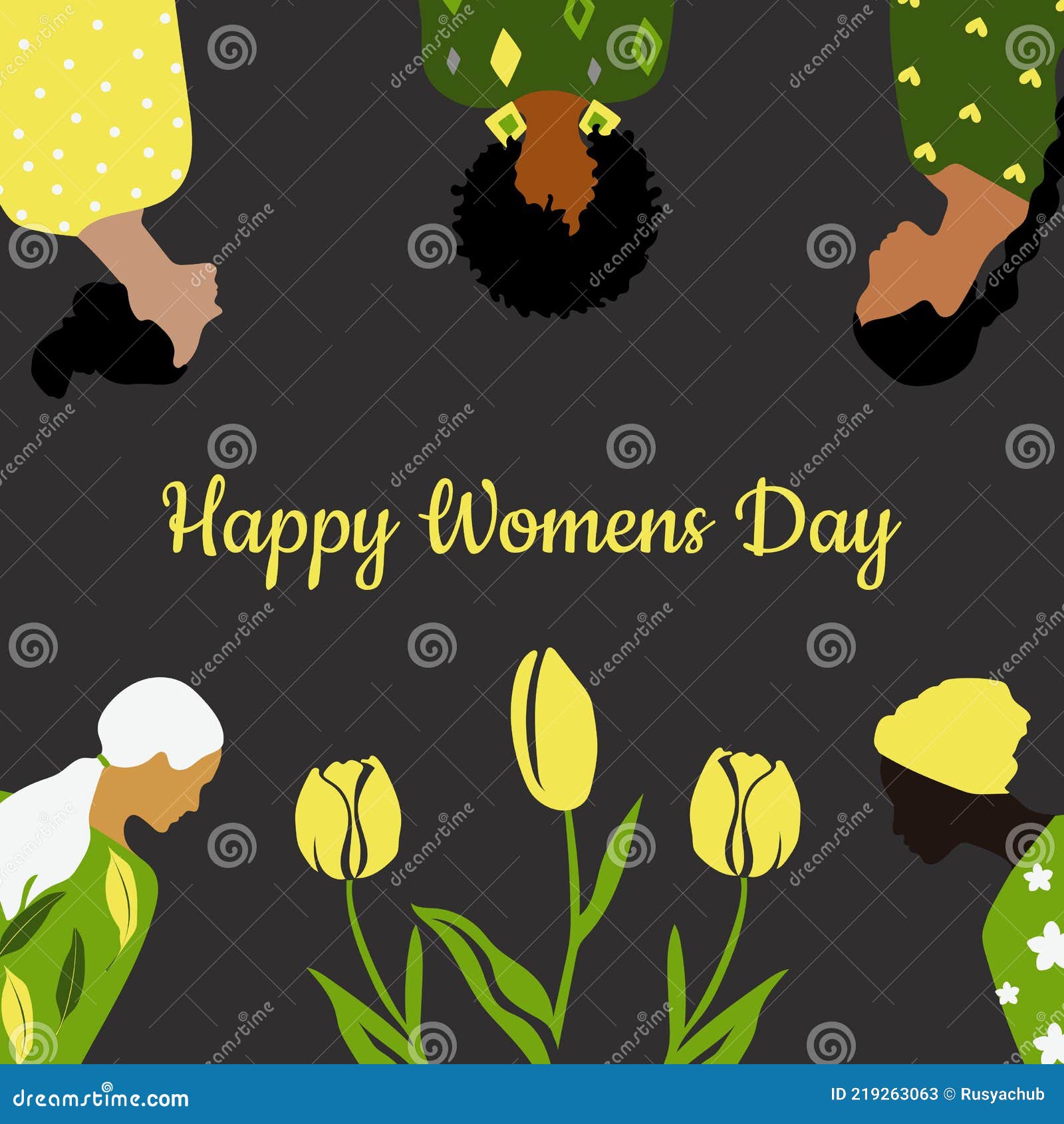 congratulatory spring card happy women`s day. postcard template in green, yellow and gray colors with women of different nationali