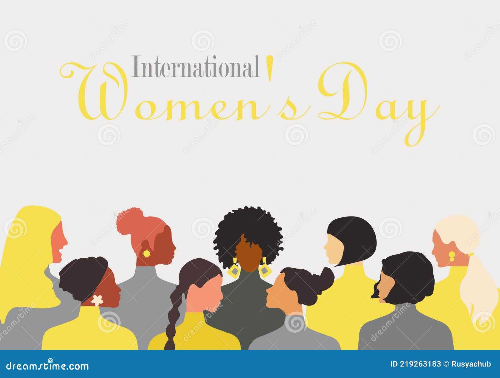 postcard with international women`s day. postcard template in trendy yellow and gray colors 2021 with women of different nationali
