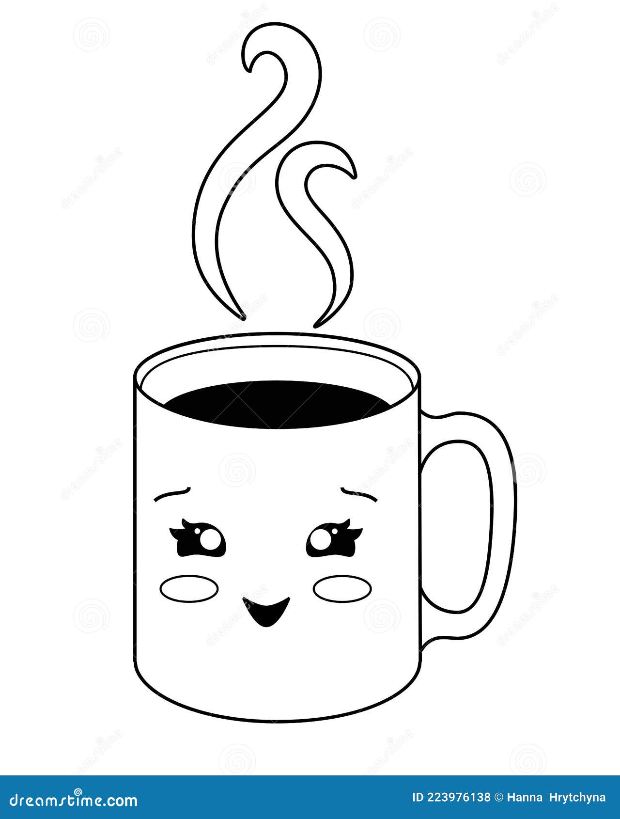 Cute Kawaii Cup Of Coffee Black And White Ilustration Outline