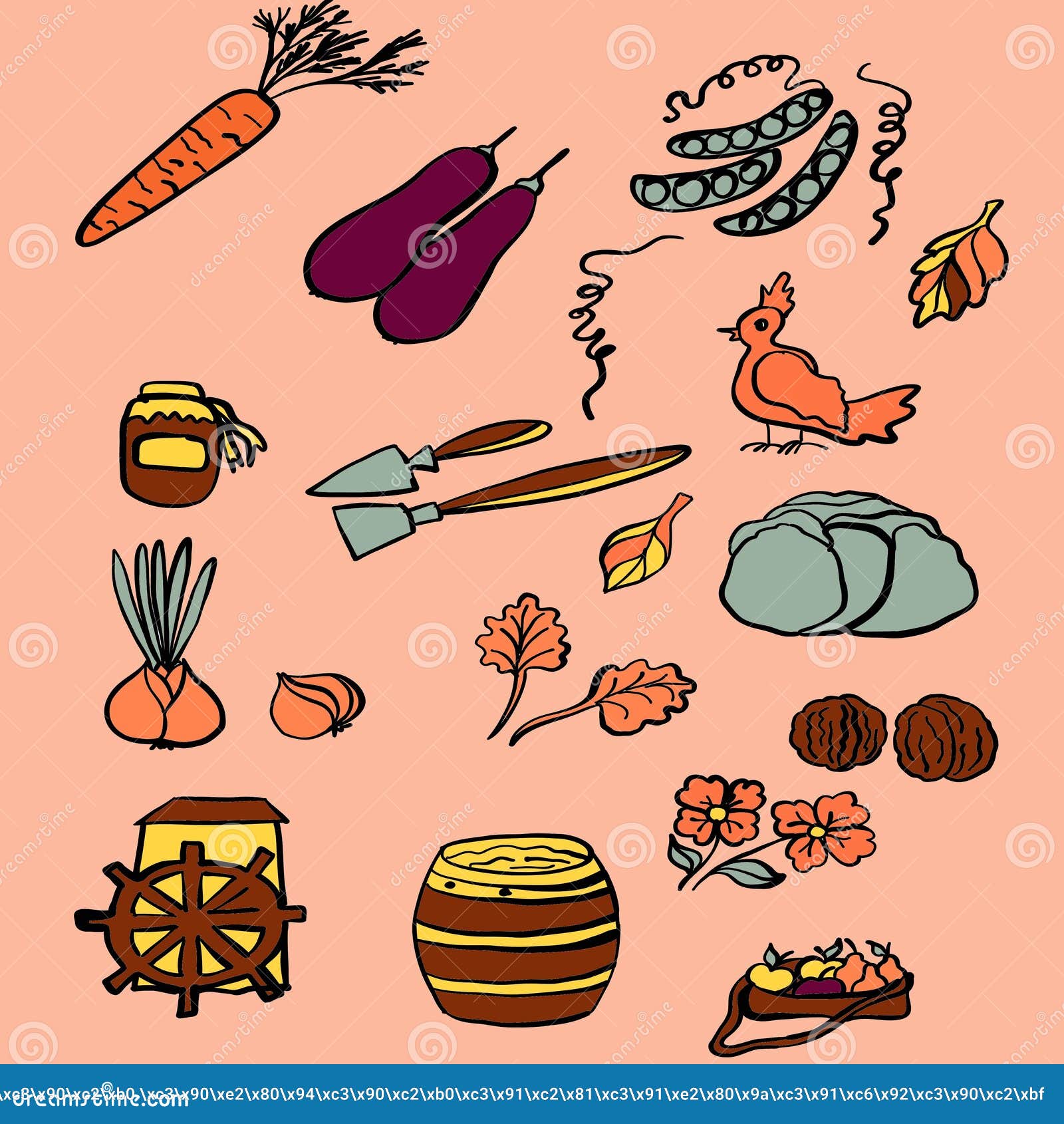 Farm Harvest, Autumn Harvest on the Farm, Eggplant, Nuts,carrots, Mill