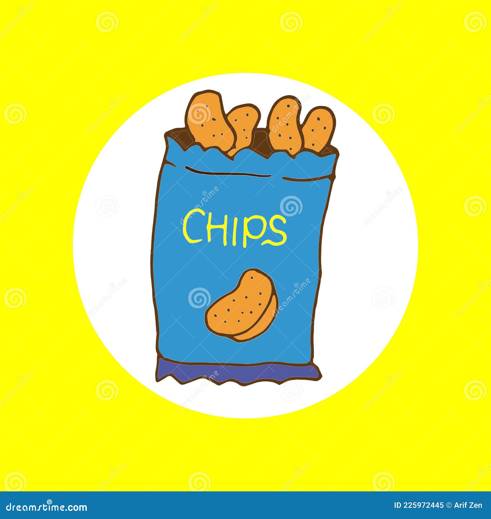 Chips Snack Illustration. Potato Chips on the Blue Color Package. Hand