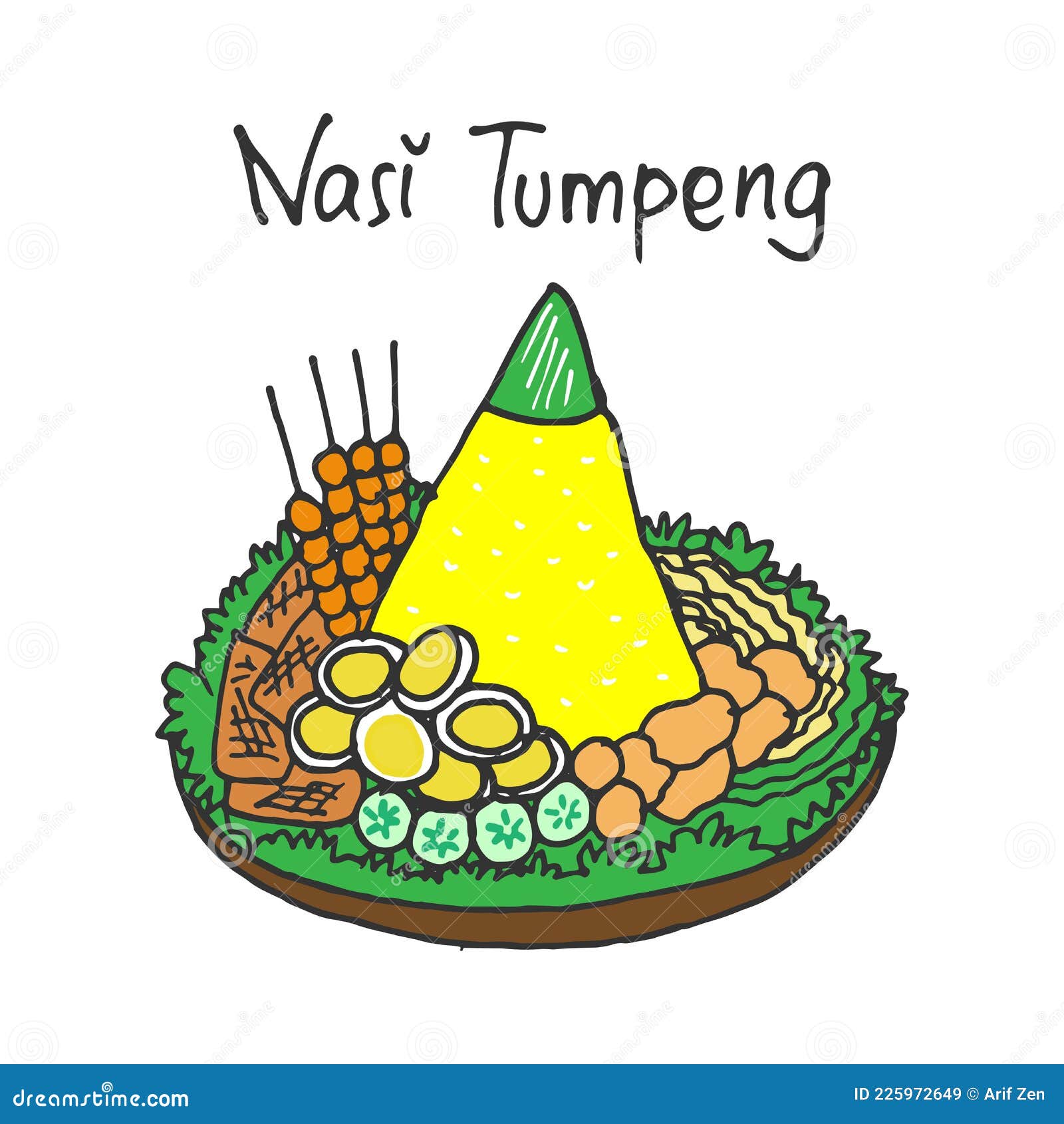 Nasi Tumpeng Hand Drawn Lettering Set Of Yellow Rice Dish For