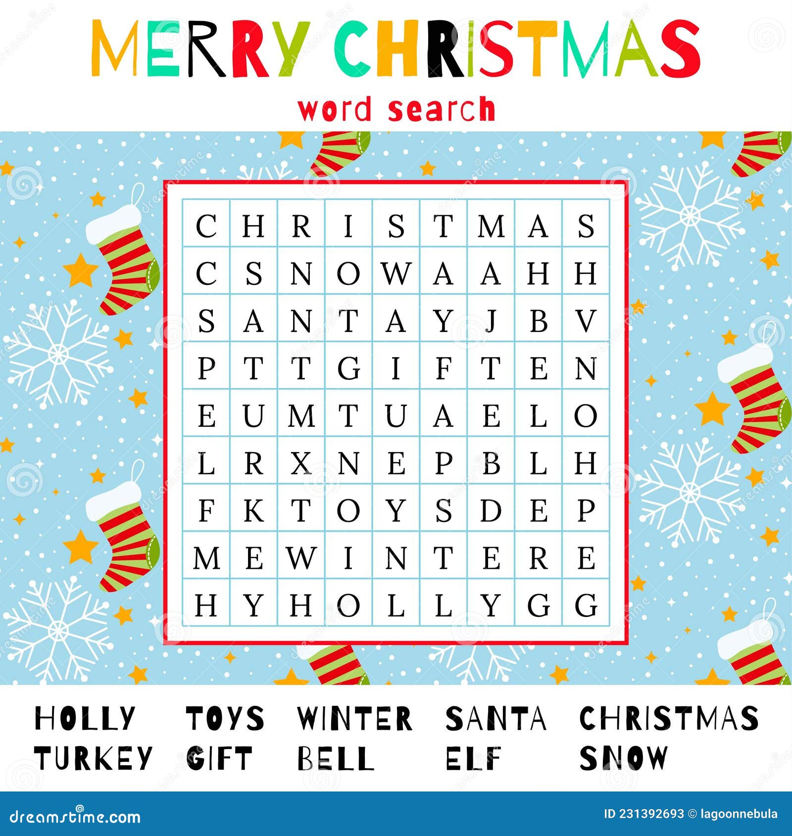 Easy Christmas Word Search Puzzle. Winter Holiday Crossword. Stock