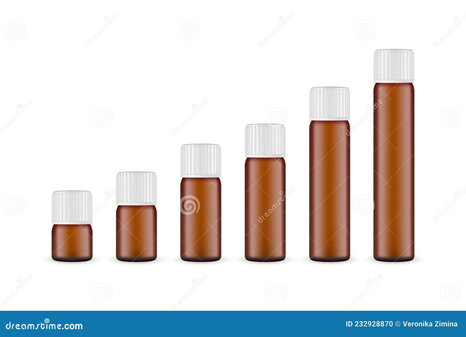 Set of Amber Cosmetic or Pharmaceutical Vials with Different Sizes