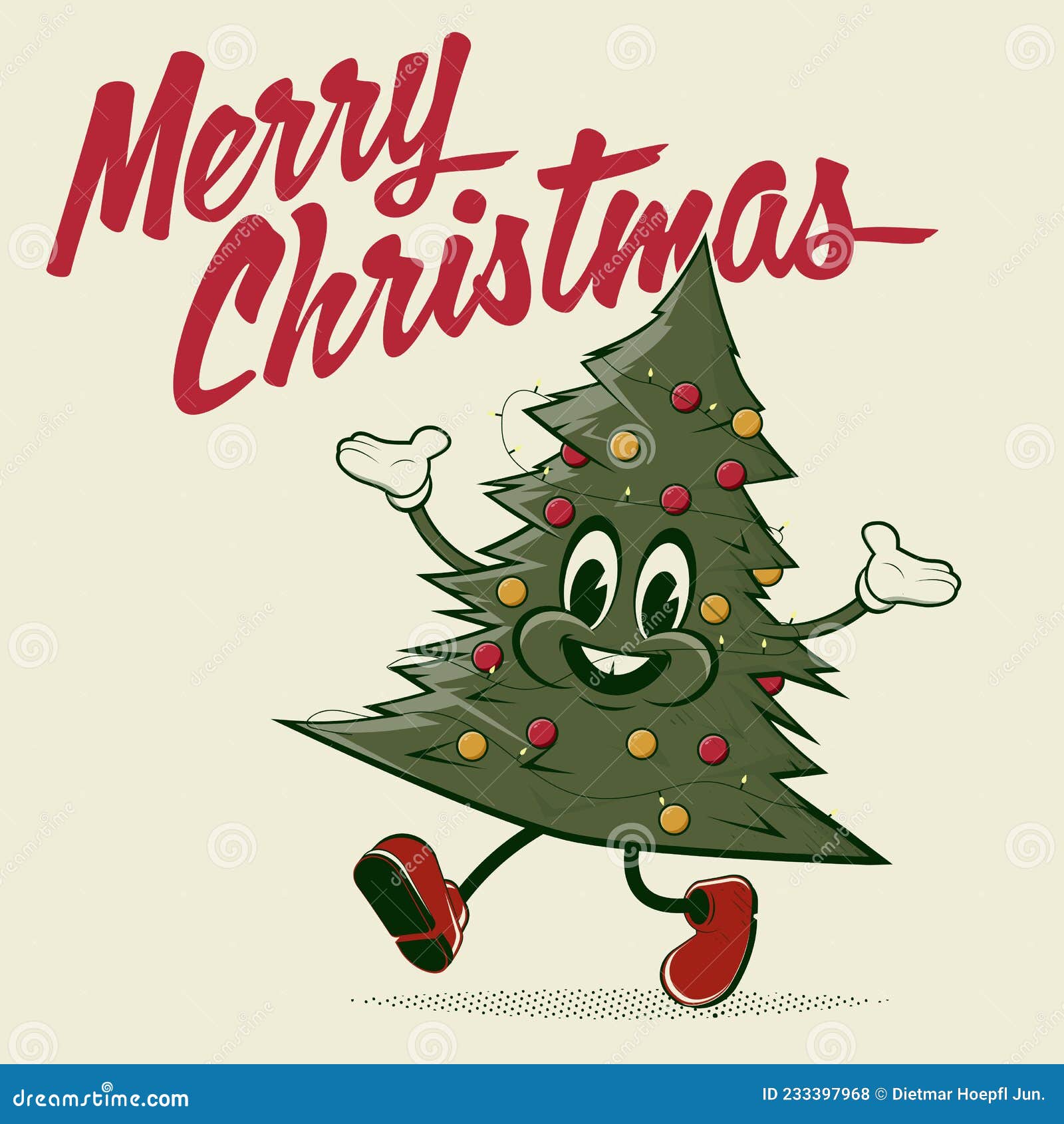 Funny Christmas Tree in Retro Cartoon Style Stock Illustration