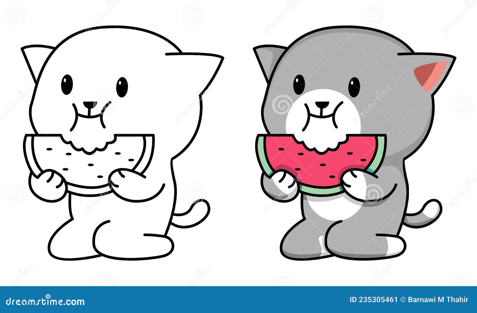 Cat Eating Watermelon Coloring Page for Kids Stock Vector ...