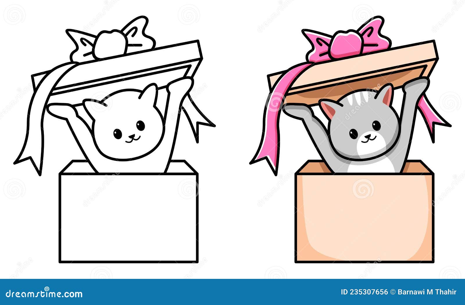 Cat in Gift Box Coloring Page for Kids Stock Vector - Illustration of ...