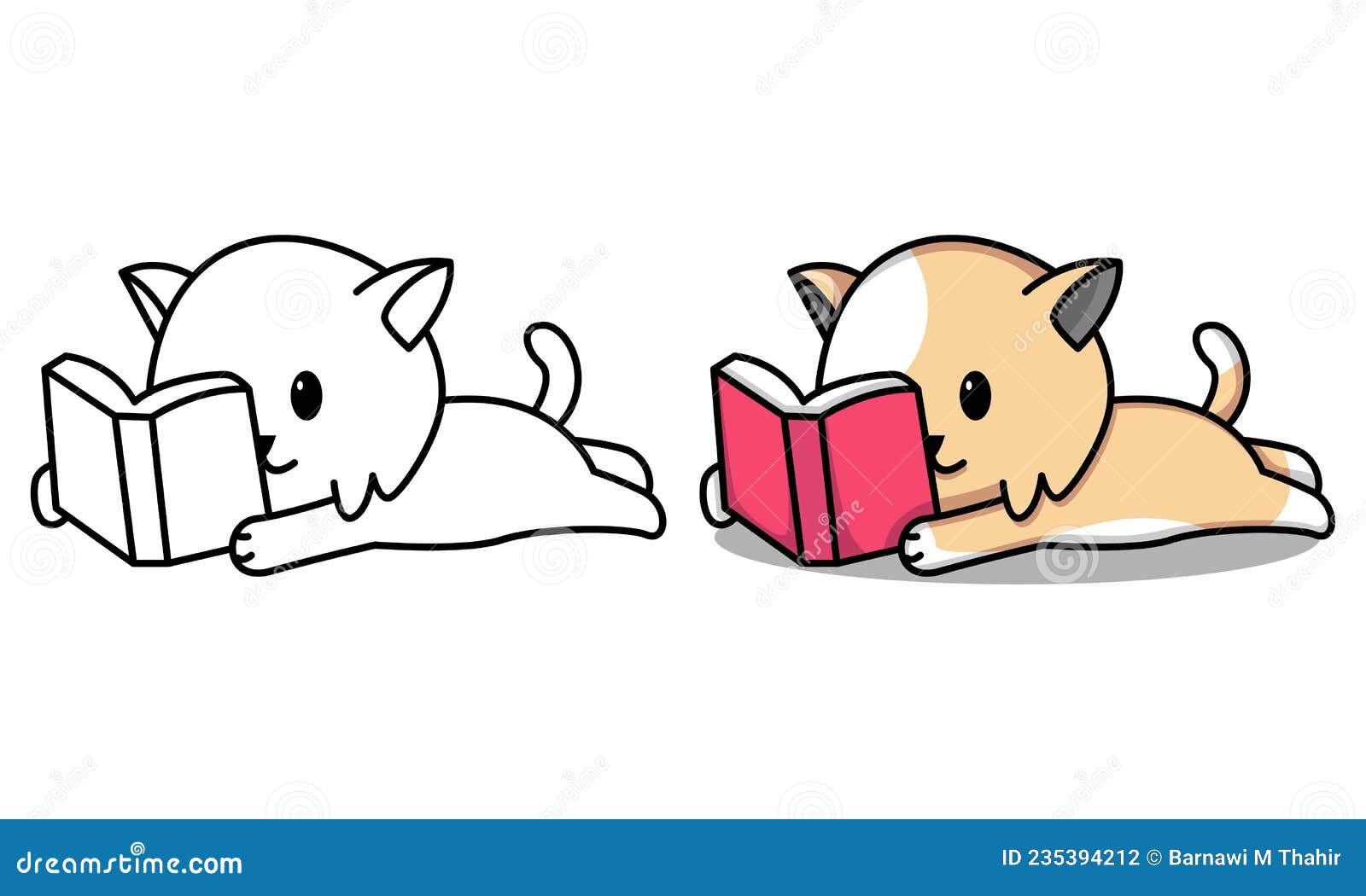 Cat Read a Book Coloring Page for Kids Stock Vector Illustration of