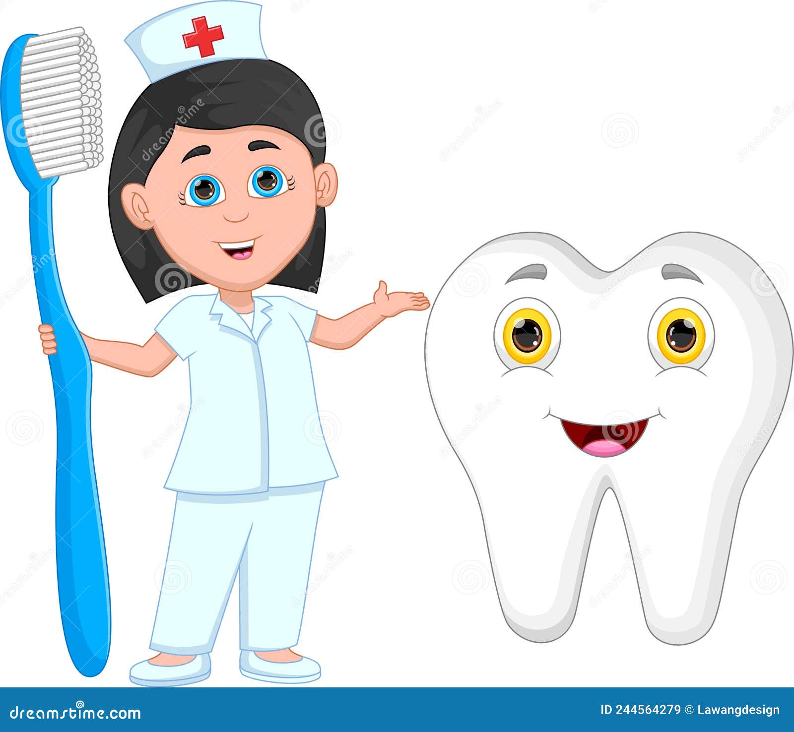 Cartoon Cute Nurse with Toothbrush and Tooth Stock Vector