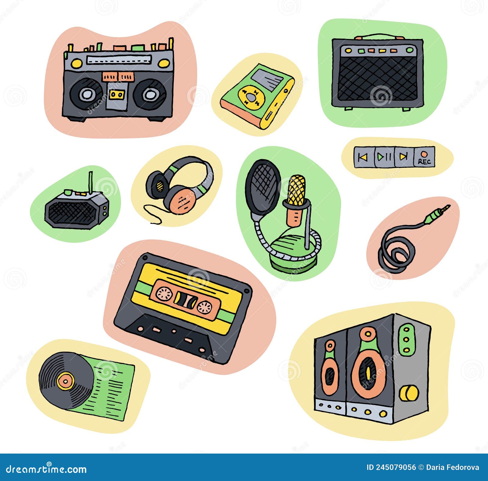 Hand Drawn Retro Music Stickers Stock Vector Illustration of boombox, retro 245079056