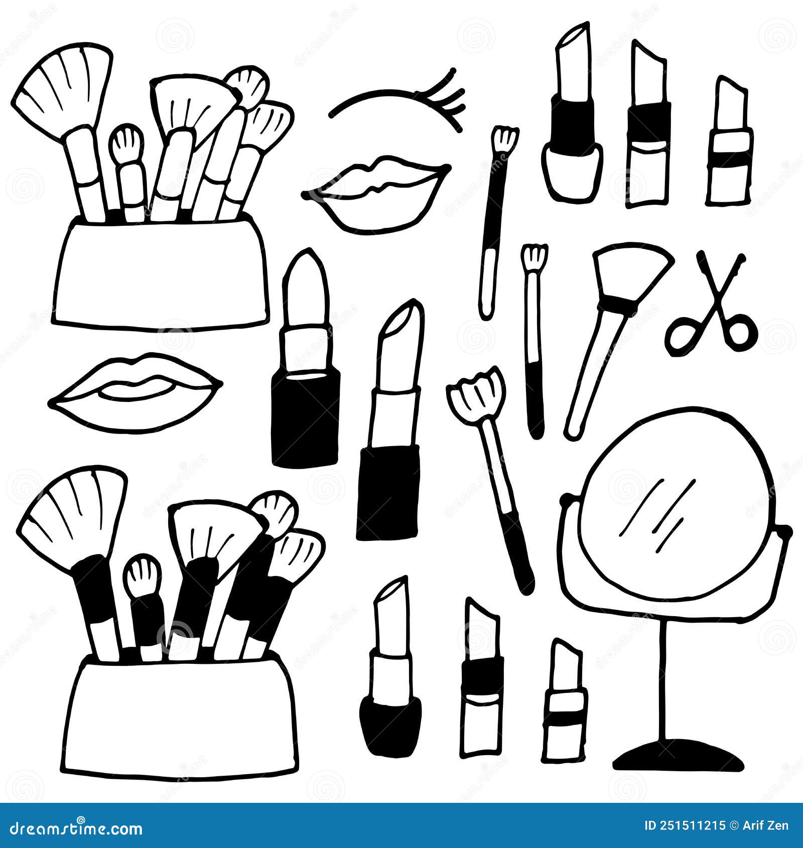 Set of Makeup Icon. Hand Drawn Vector. Black and White Colors Stock Vector Illustration of