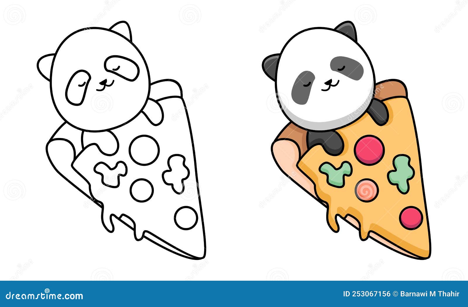 Cute Panda Sleeping with Pizza Coloring Page for Kids Stock Vector