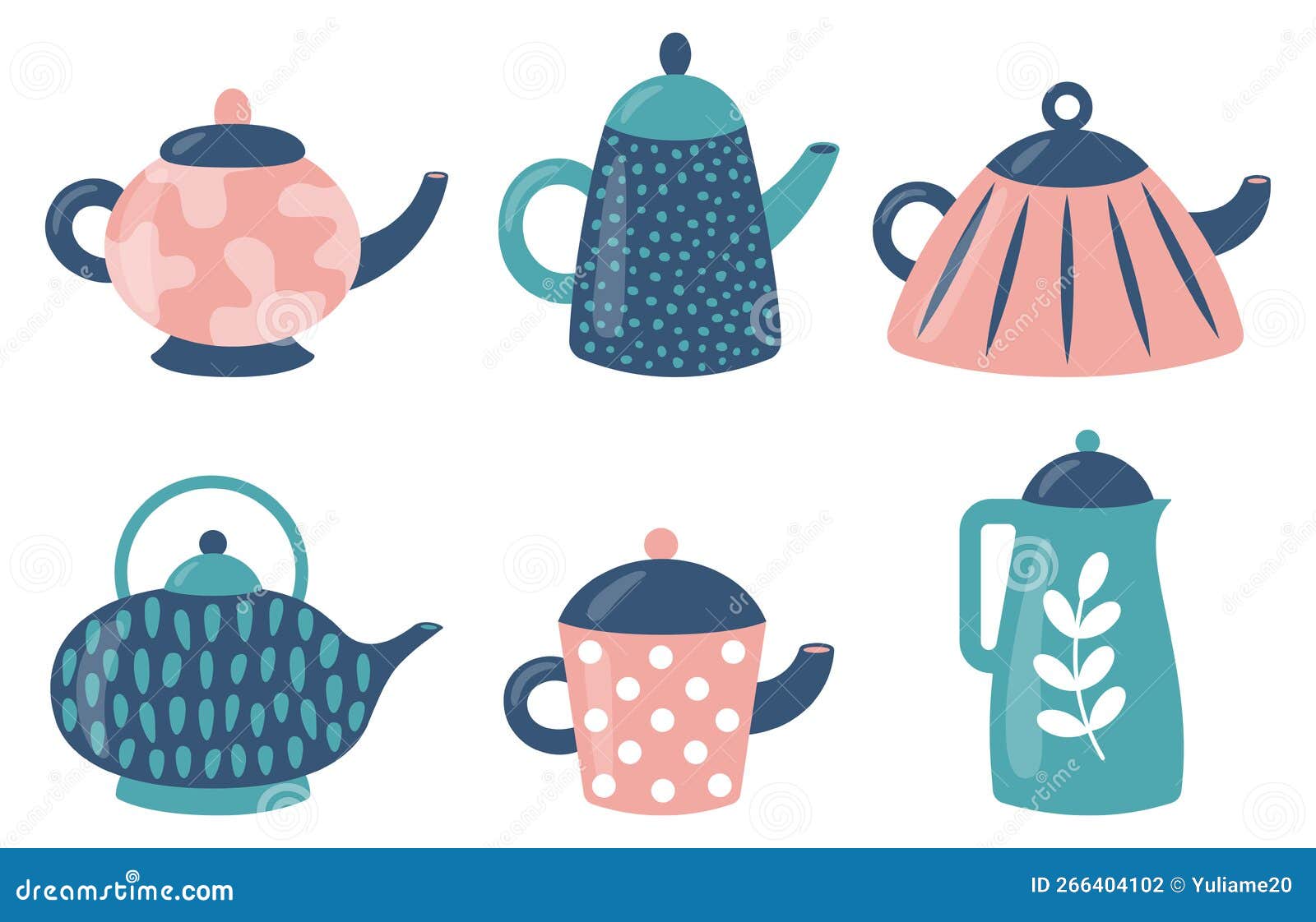 Set of Cute Teapots with Different Ornament. Kettle, Tea and Coffee or