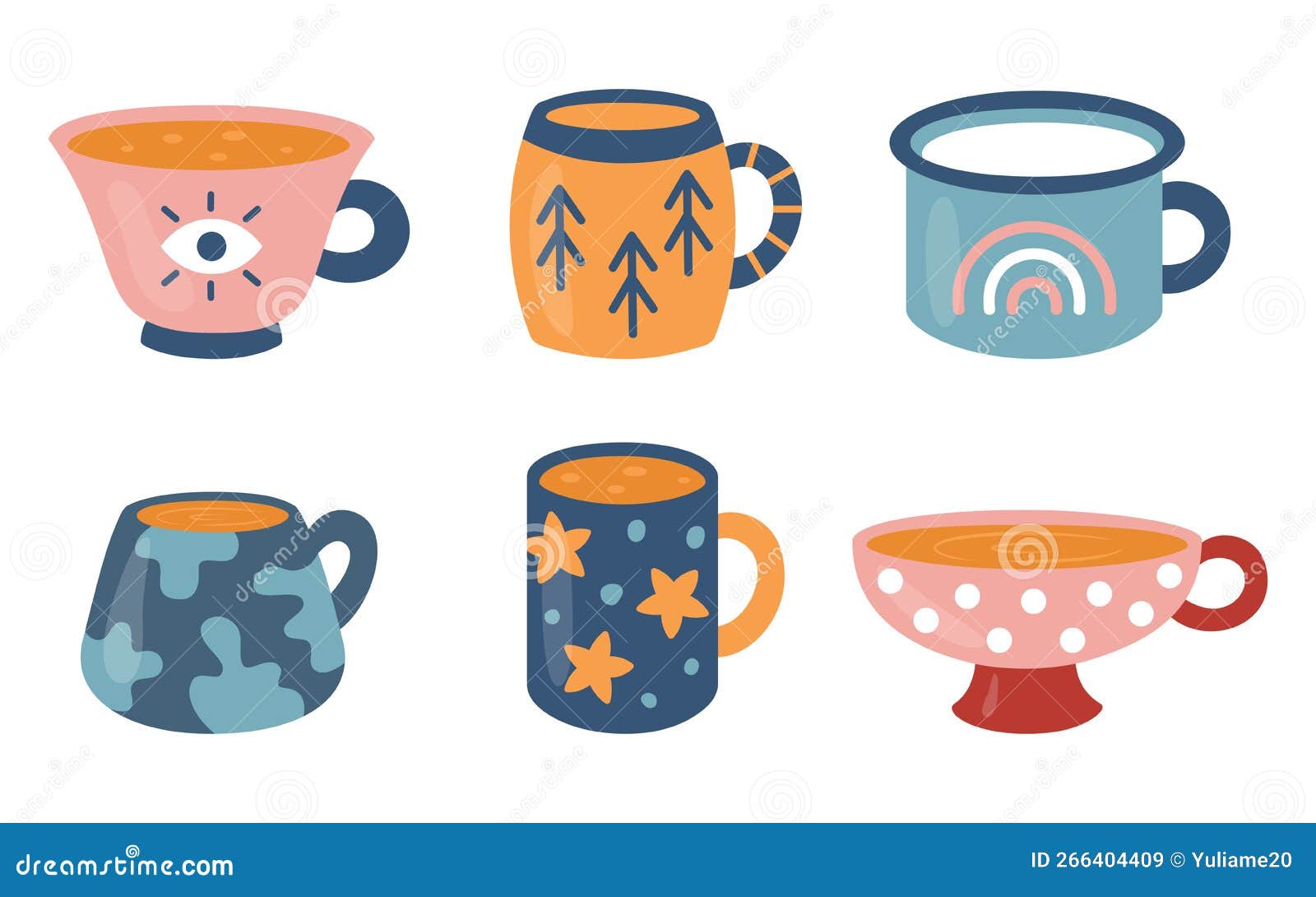 Set of Tea or Coffee Mugs with Different Ornaments. Kitchen or Ceramic Crockery Theme. Full and